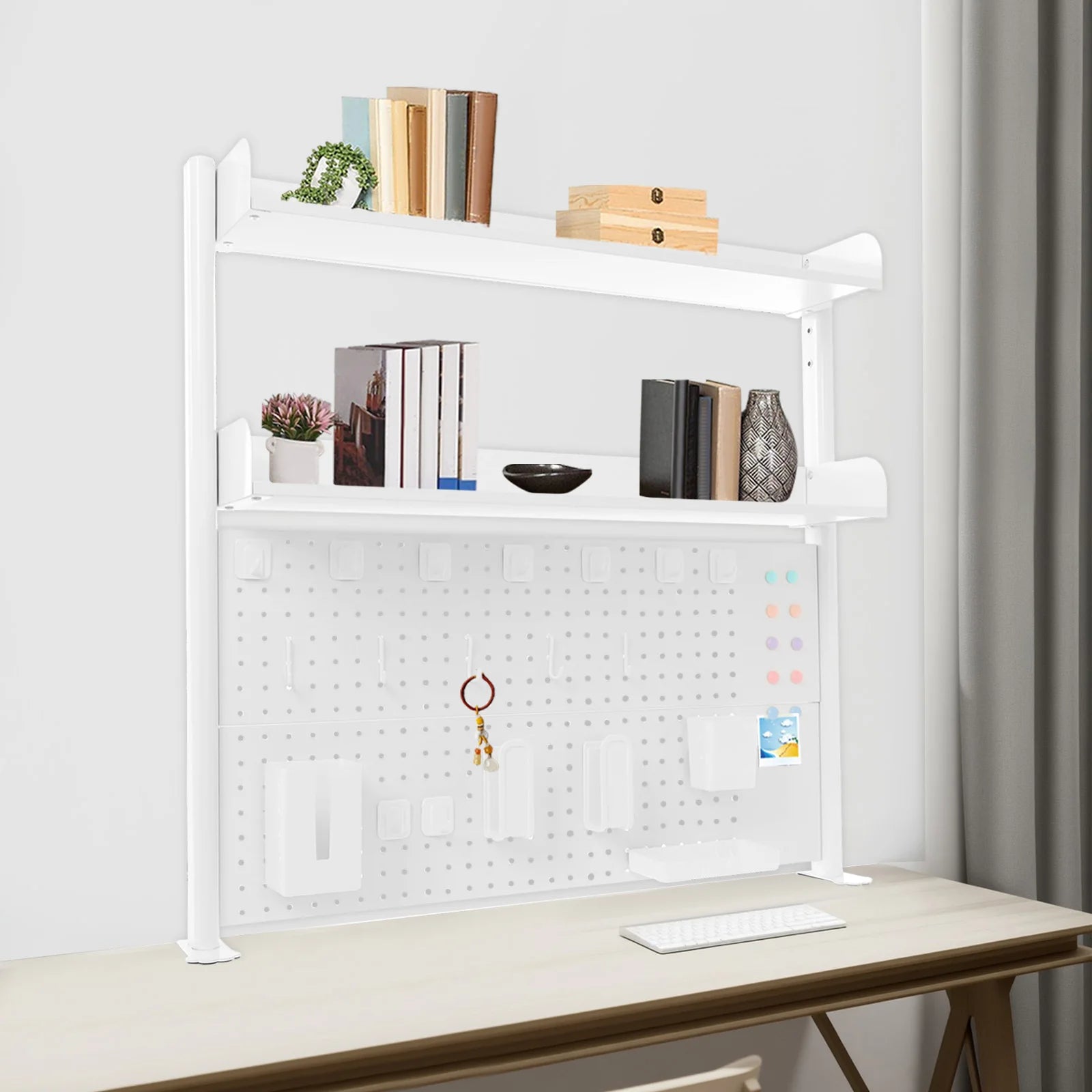 Countertop Clip-on Bookshelf 2 Tier Multipurpose Steel Frame Organizer with Pegboard Storage Space Saving