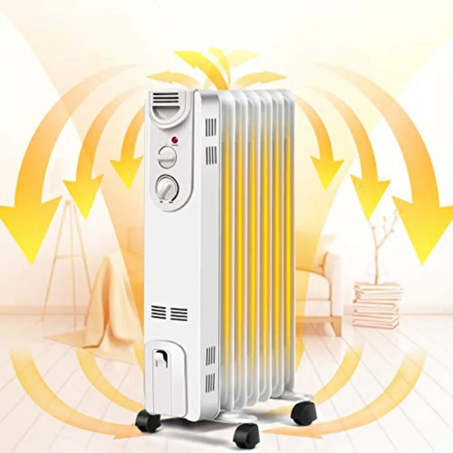 Electric 1500W Oil Filled Radiator Heater with Thermostat for Efficient Portable Radiant Space Heating in Offices
