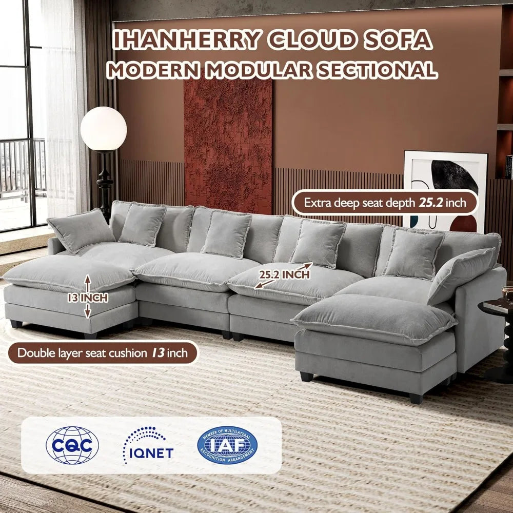 U-Shaped Modern Sofa Modular Sectional Cloud Couch with 2 Ottoman 6-Seat Chenille Deep Seat Sofa with 6 Pillows