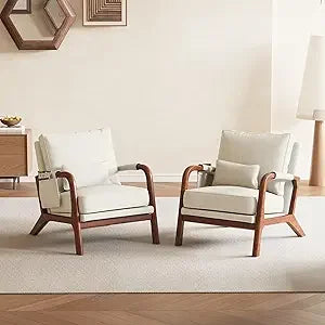 Mid Century Modern Accent Chair with Pillow & Pocket Upholstered Armchair with Solid Wood Frame & Soft Cushion