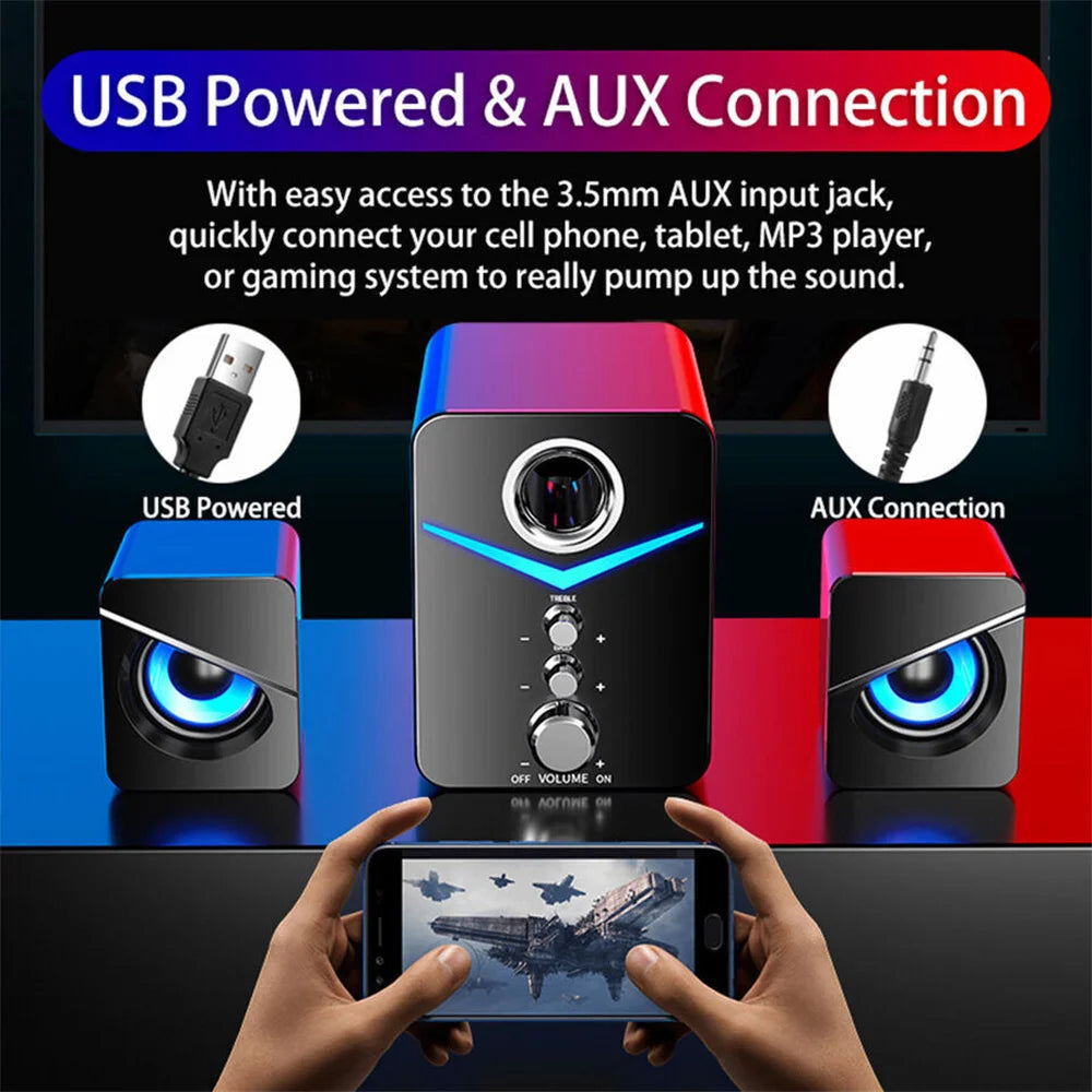 USB Computer LED Speakers System Subwoofer Stereo Bass Control for Desktop Laptop PC Portable Loud Speaker - United