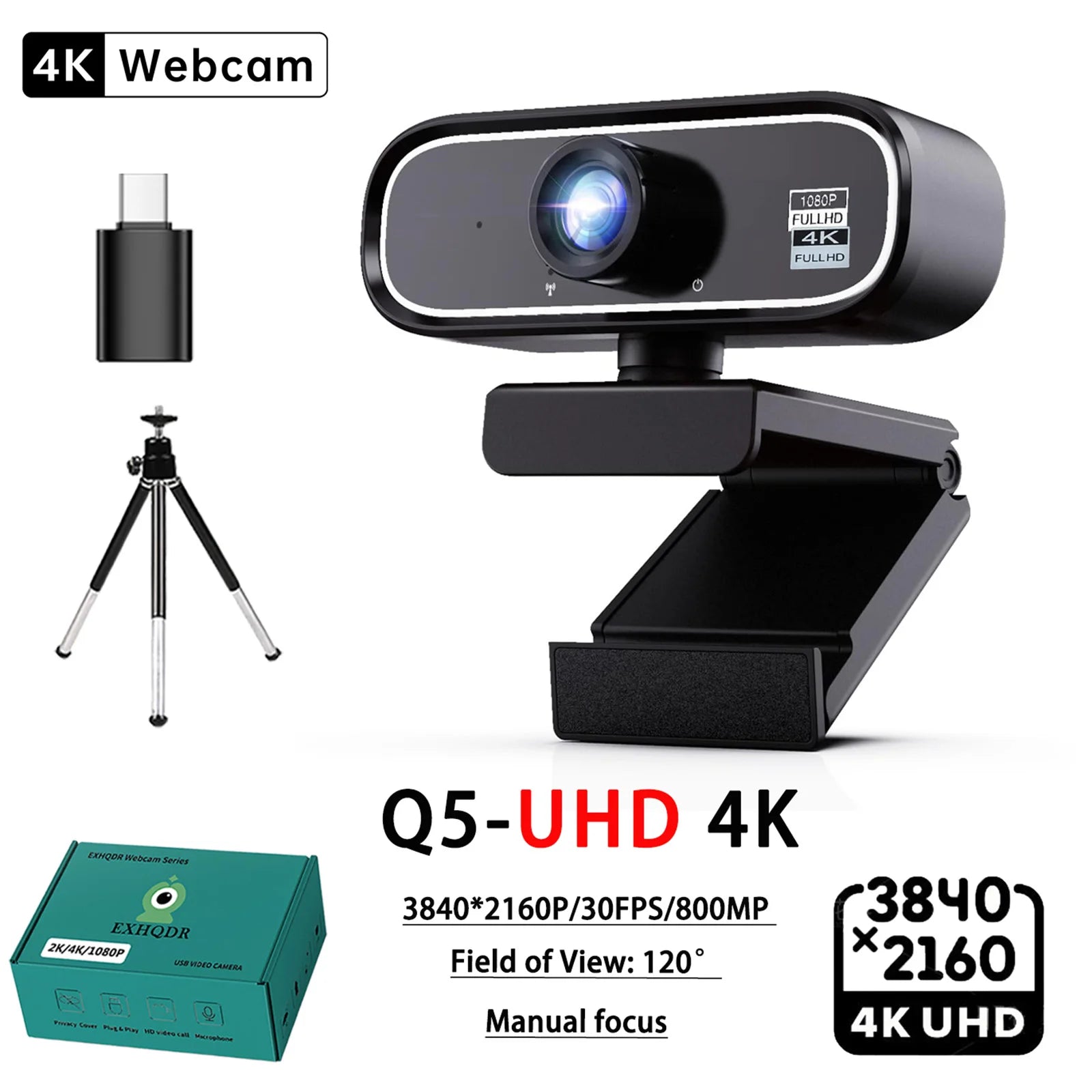 EXHQDR UHD 4K USB Webcam New Upgraded Model with 120° Wide-Angle Lens and Manual Focus. This plug-and-play computer