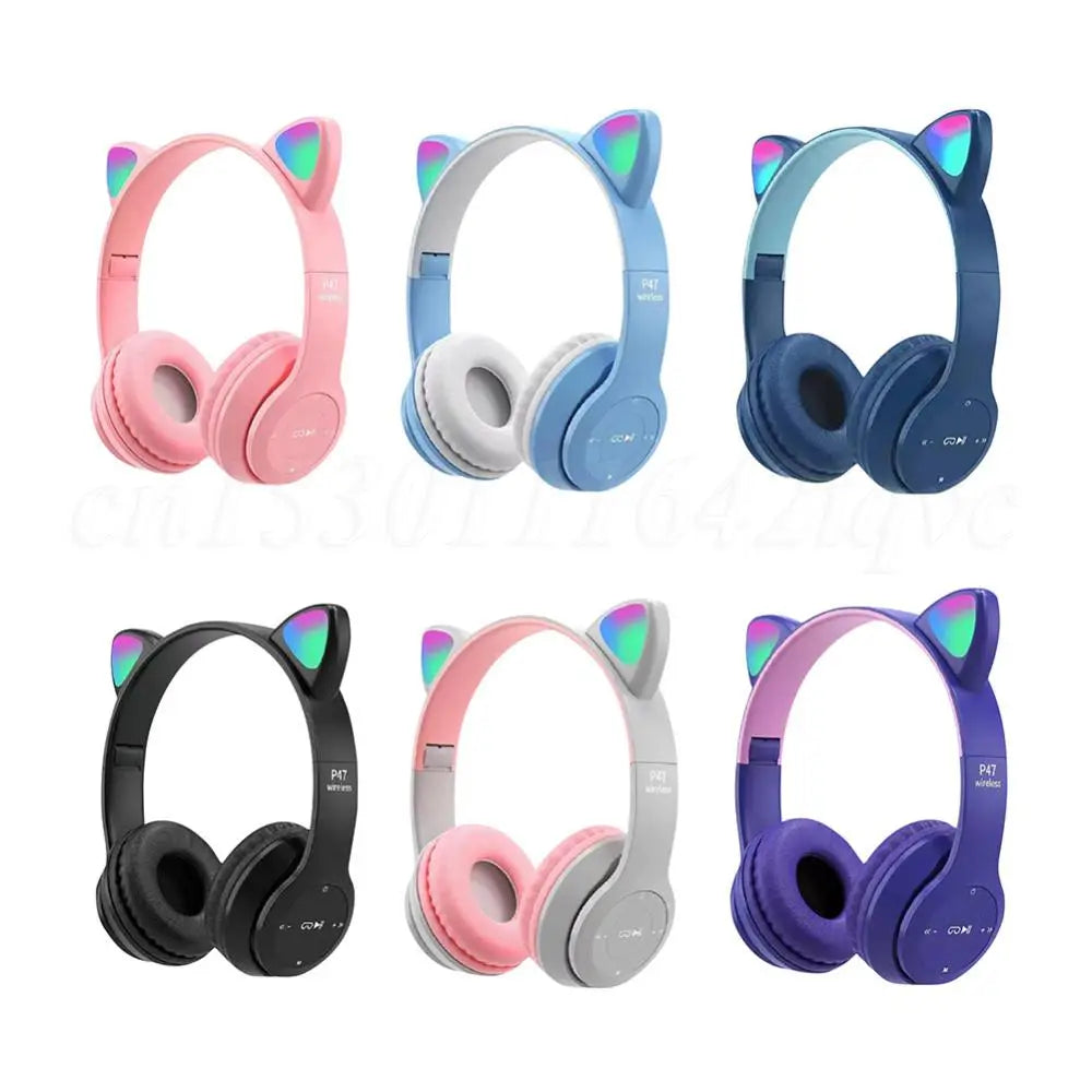 Wireless Headphones Cat Ear Gaming Headset Glow Light Bluetooth-Compatible Helmets Cute Over-Ear Headsets for Kids