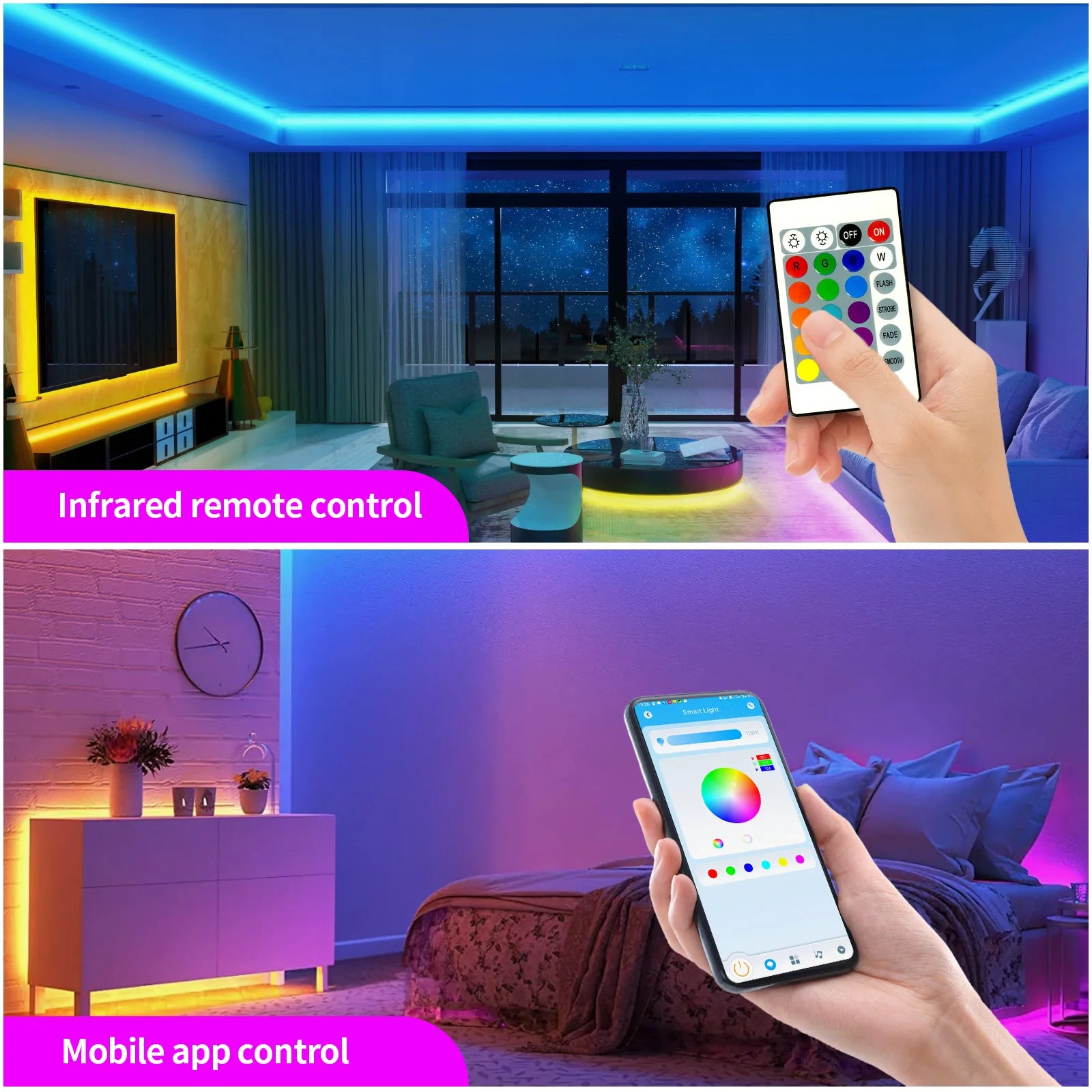 100FT WIFI LED strip lights music synchronization RGB LED light with remote control and application.
