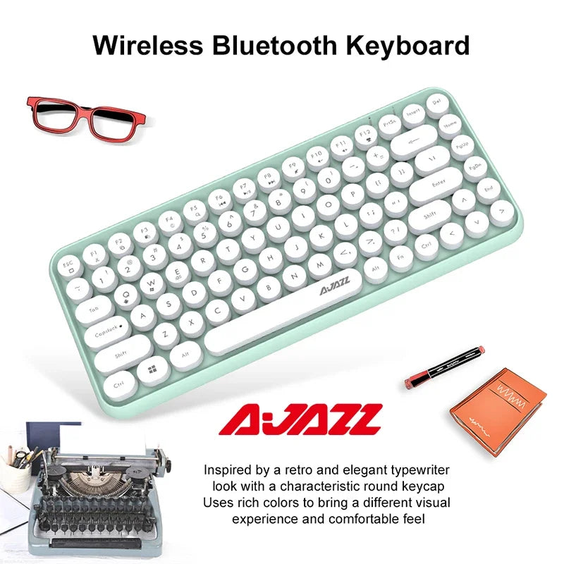 Ajazz 308I Wireless Bluetooth Keyboard 84 Keys Multi-Device Portable Keyboard Retro Typewriter Round Keycaps for IOS