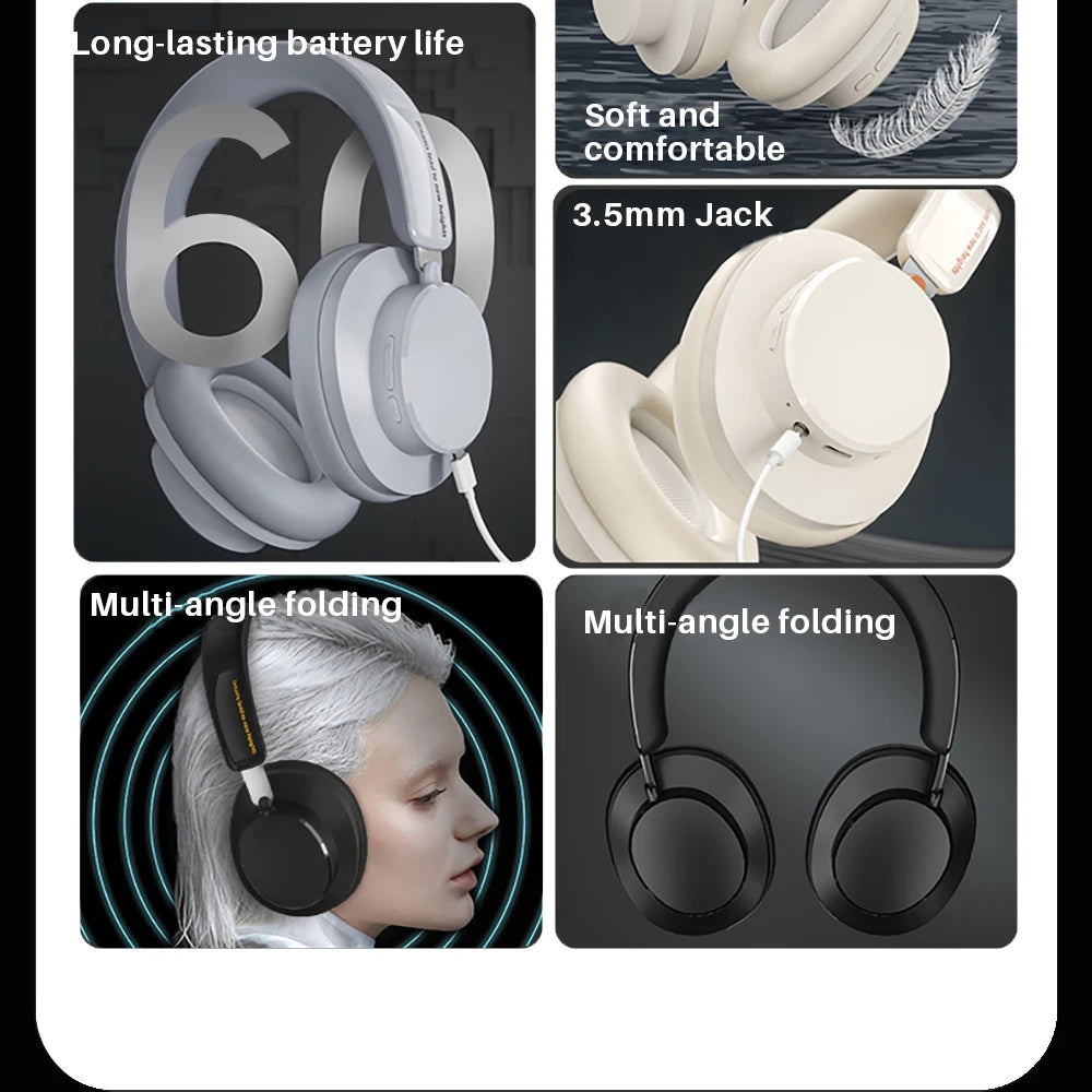ANC Noise Cancelling Headphones Bluetooth 5.4 Earphone HIFI Stereo Headset 40mm Driver portable Over Ear Headphone 60H