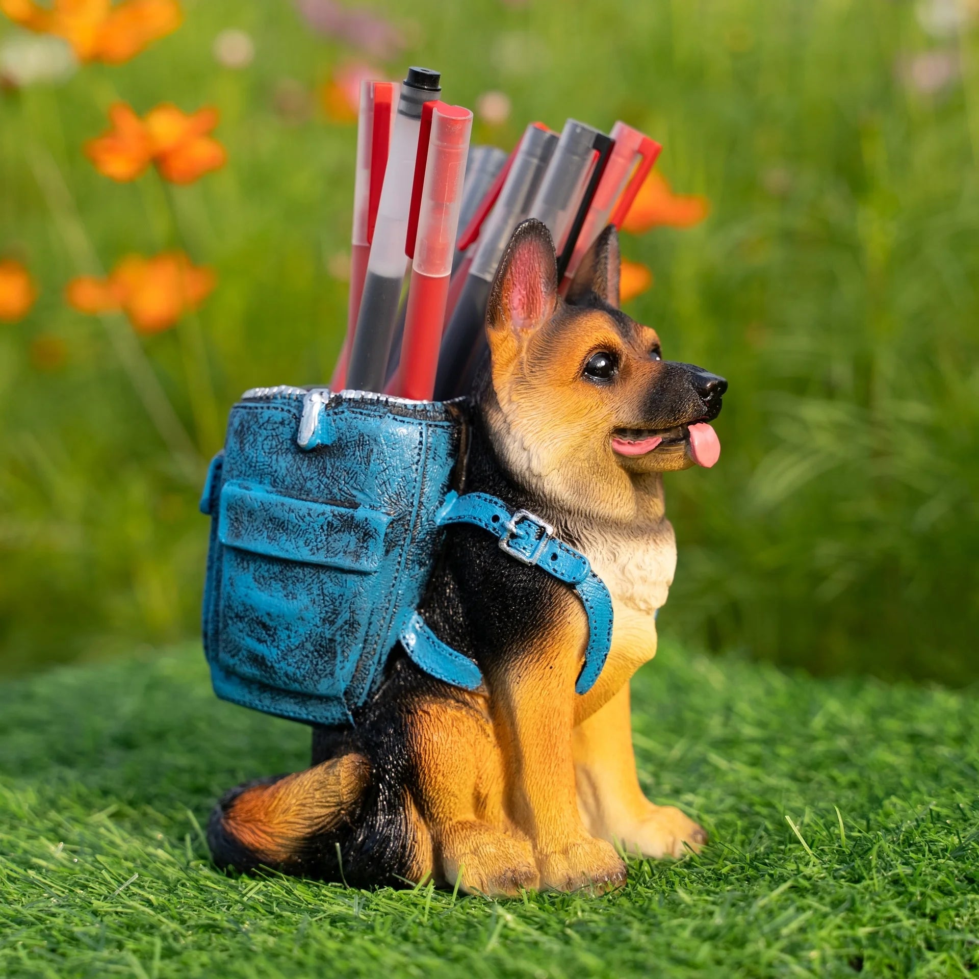 German Shepherd Pen Holder: Stylish Office Desk Stationery Organizer & Sculptural Ornament – New Resin Craft Dog Decor