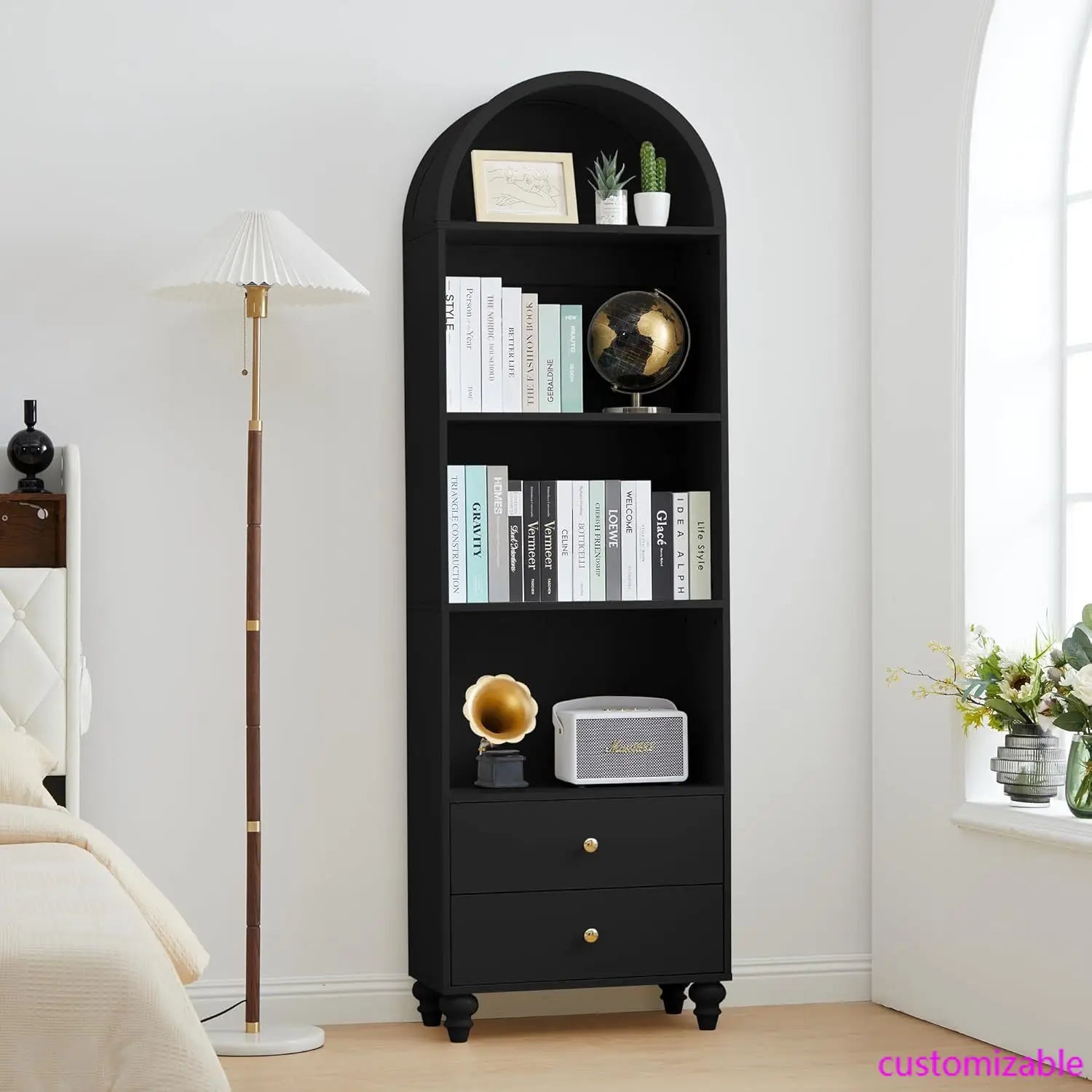 75.59’’ Tall Bookcase 4 Tier Arched Bookshelf with 2 Drawers Modern Book Display Storage Cabinet for Living Room Bedroom