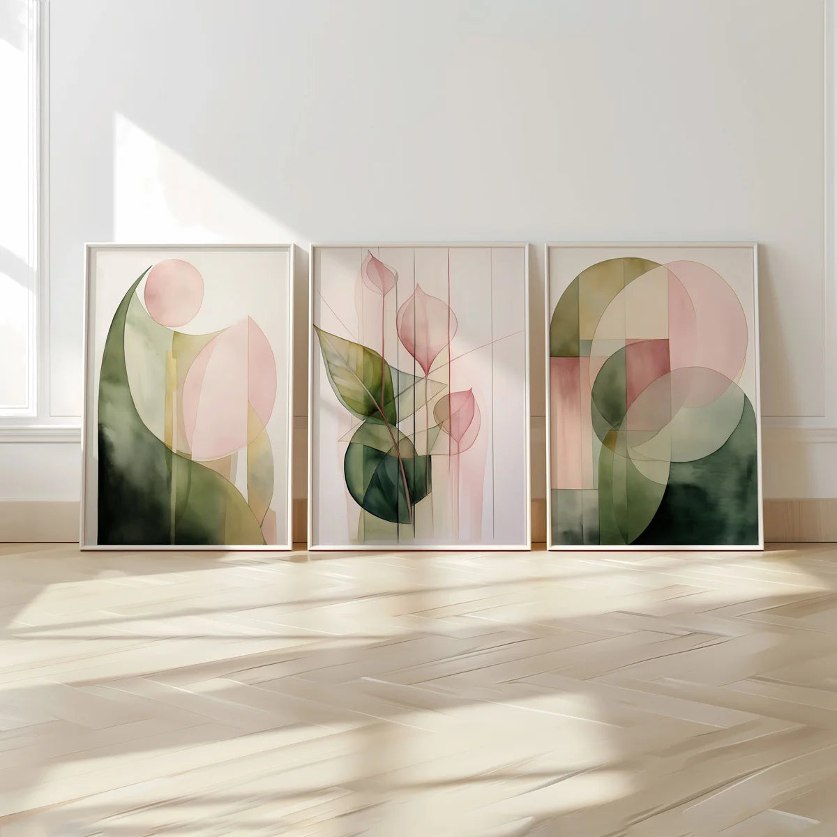 3-Piece Set of Modern Green and Pink Abstract Plant Wall Art Prints Watercolor Painting Prints Plant Canvas Posters