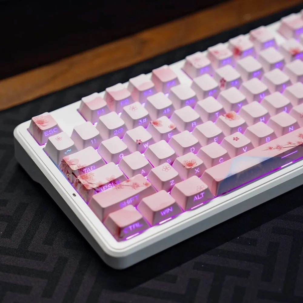 Pink Cherry Blossom Keycap with Side Engraved Translucent PBT 127 Keys Compatible with MX Mechanical Keyboard 61 75 86
