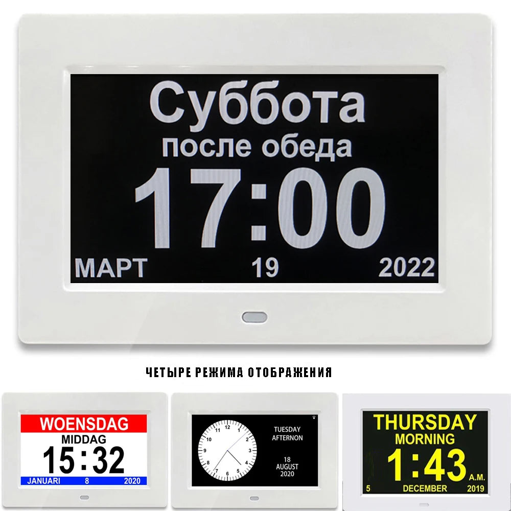 12 Alarms Digital LED Calendar Clock with Multi-Languages to display. Medicine Time Reminder for Elder.Home Desk Wall