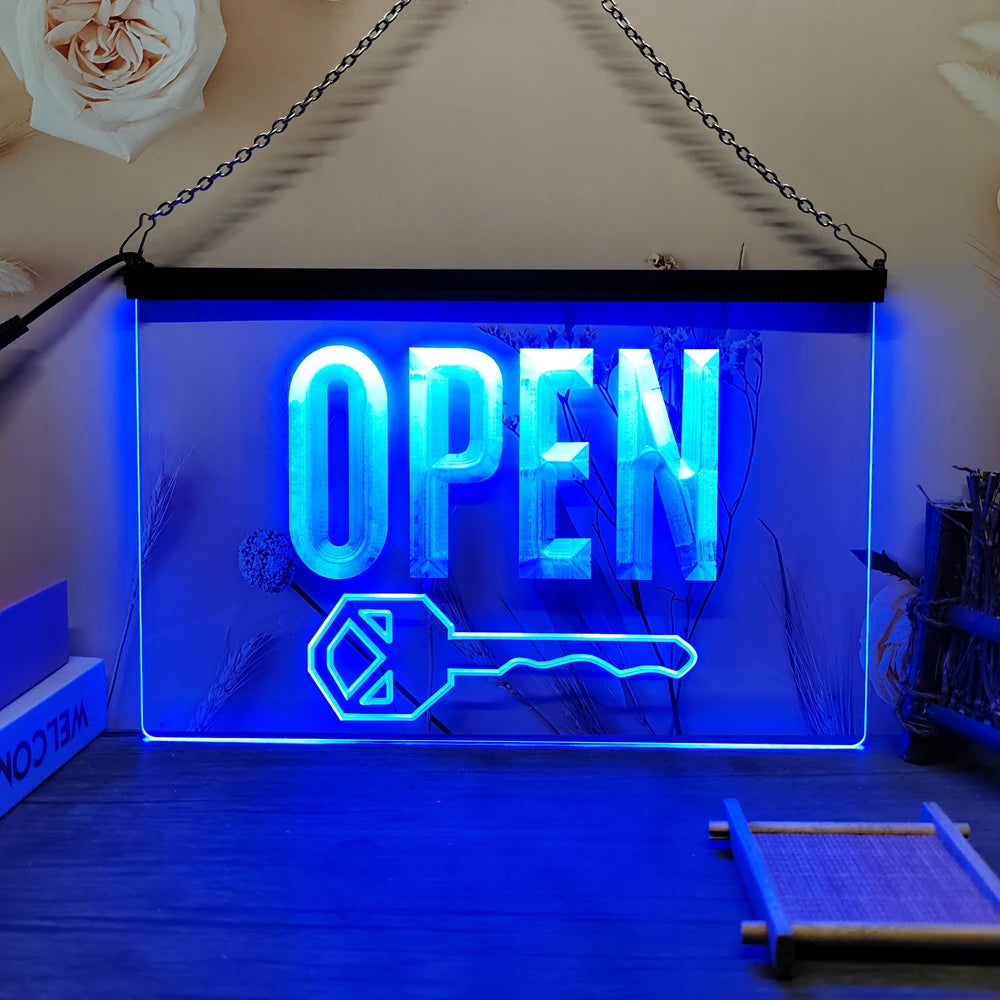 OPEN Keys Store Cutting Shop-LED Neon Sign-3D Carving Wall Art for Home,Room,Bedroom,Office,Farmhouse Decor - Blue / EU