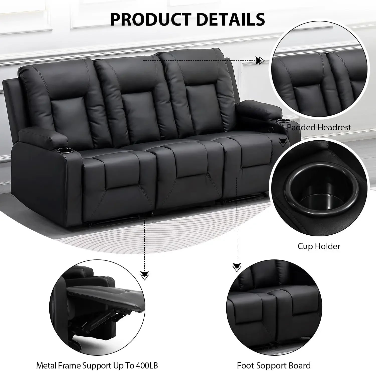 Hot salesRecliner Chair Set Leather Recliner Living Room Furniture Sets Recliner Sofa Loveseat (Black,Living Room Set 3