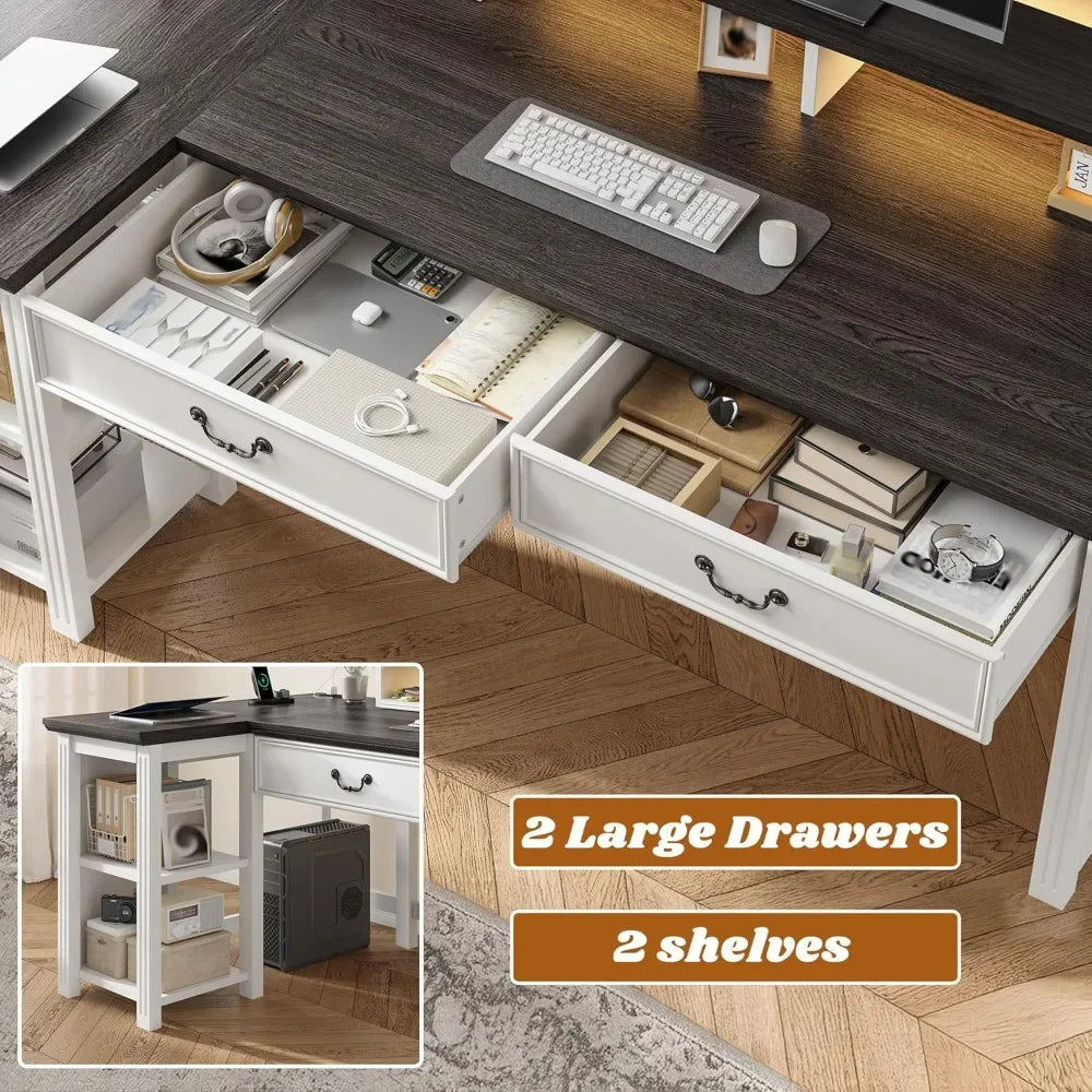55’’ L Shaped Farmhouse Desk with Drawers Sturdy & Durable Computer Desk with Power Outlets & LED Lights - Black white