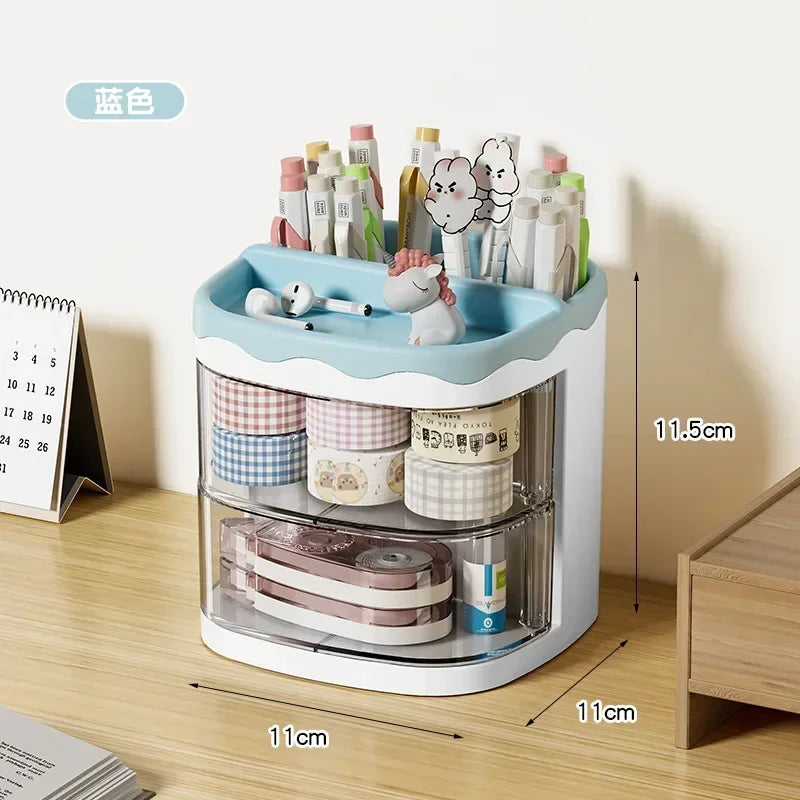 Practical Multi-Functional Desk Organizer Pen Holder Double Layers Rotating Pencils Storage Rack Student Cosmetics