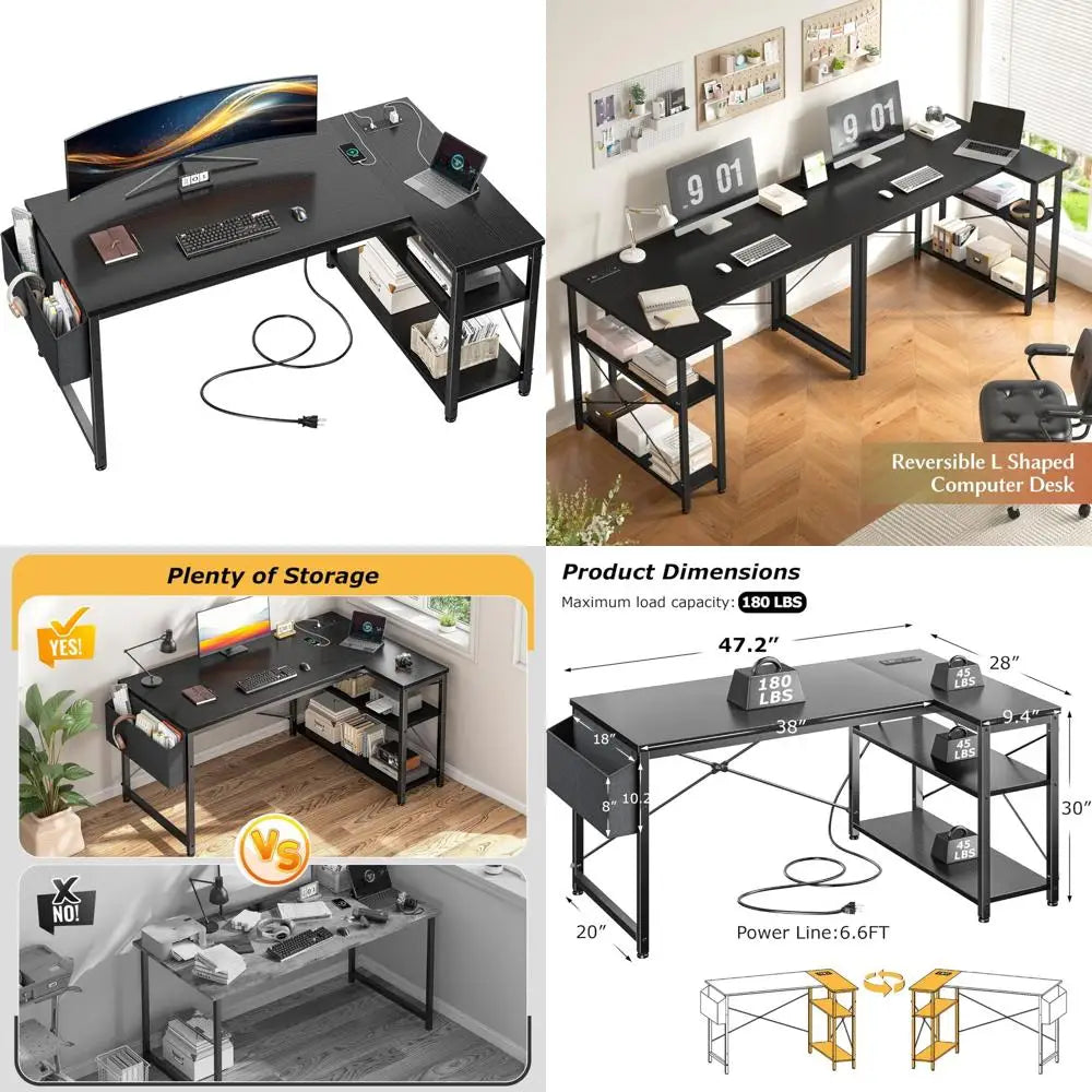 L-Shaped 48 Inch Gaming Desk with Storage Side Bag Power Outlets Ideal for Small Corner Office Spaces - Black / United