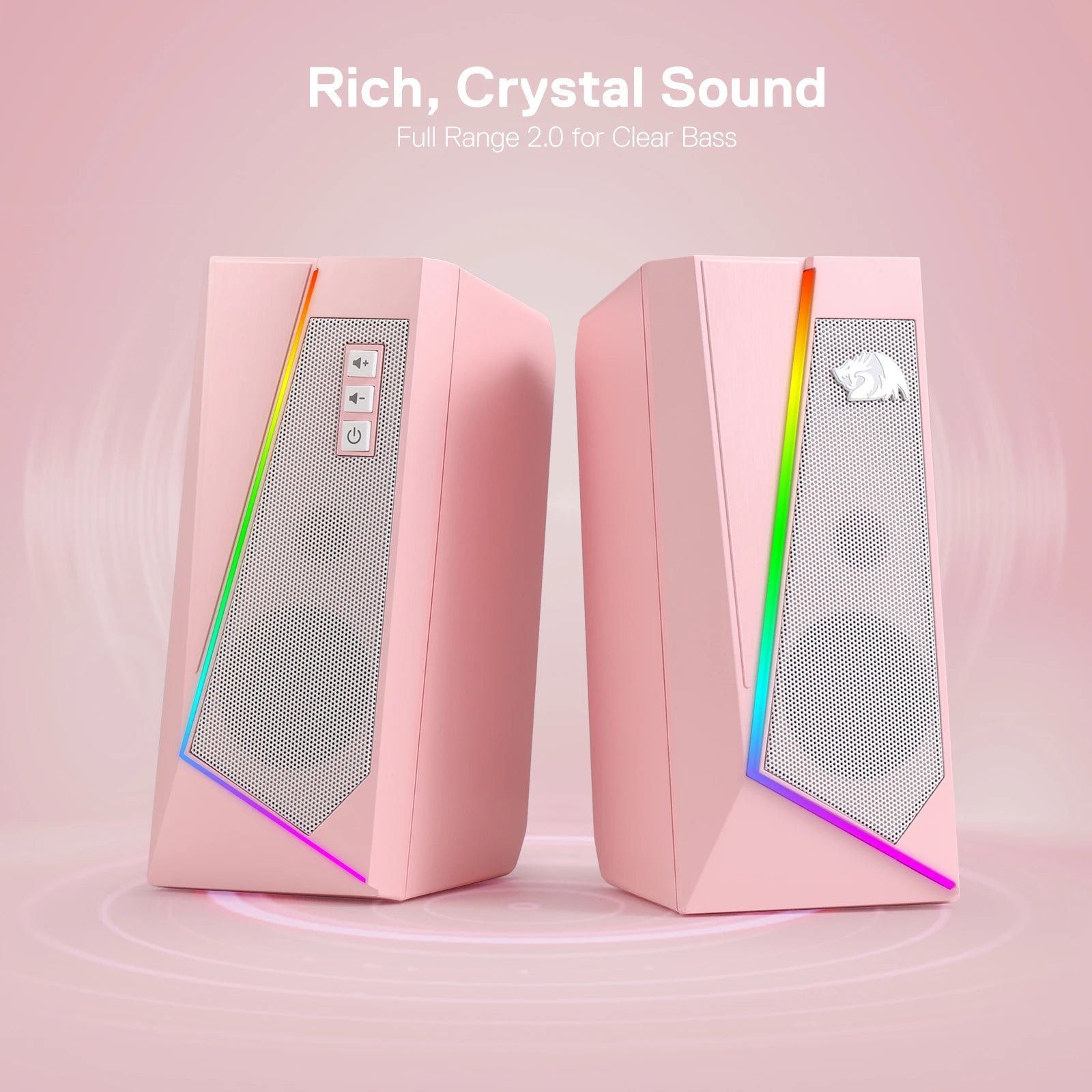 Redragon GS520 RGB Desktop Speakers 2.0 Channel PC Stereo Speaker with 6 Colorful LED Modes Enhanced Sound White/Pink