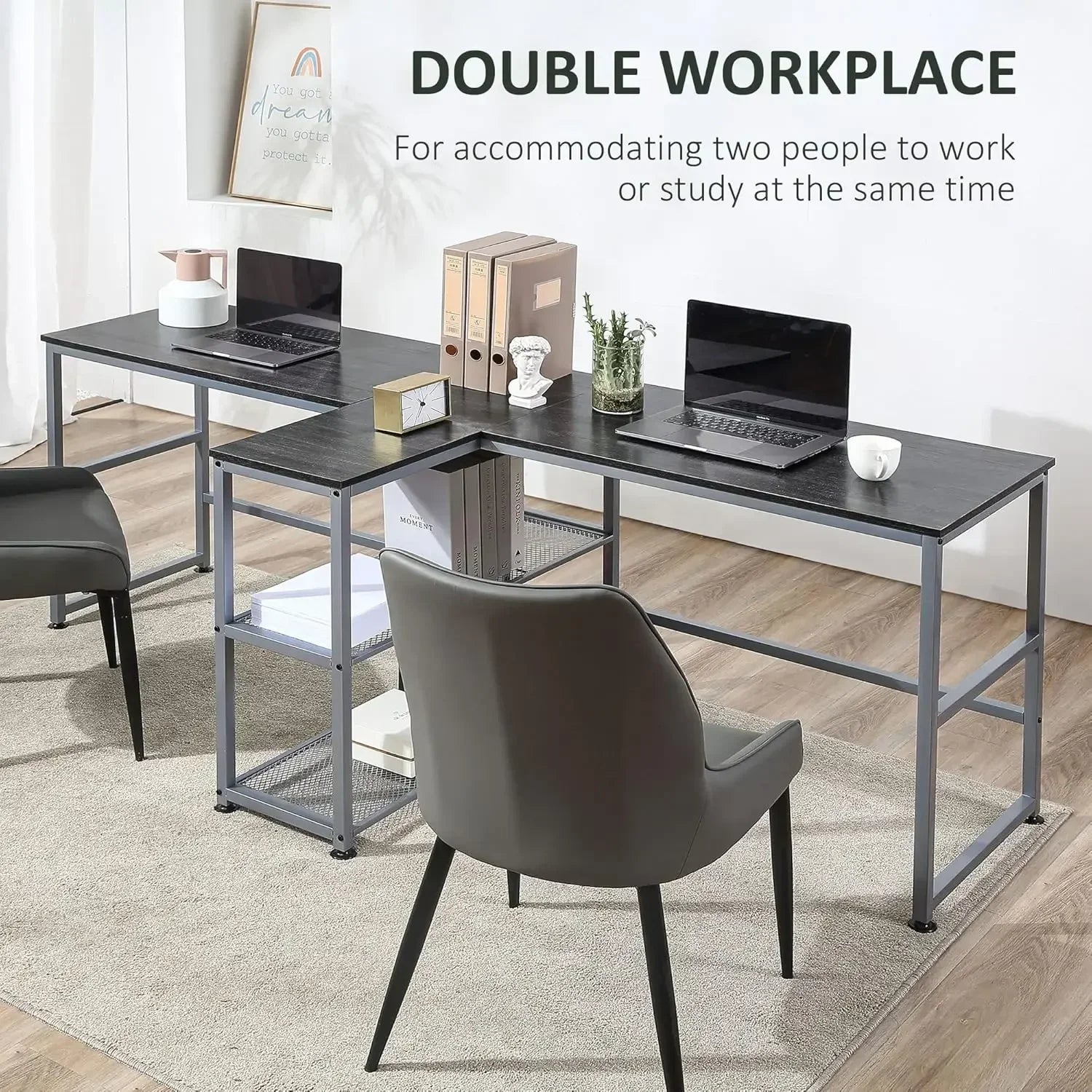 83’’’ Two Person Computer Desk With 2 Storage Shelves Double Desk Workstation With Book Shelf Long Desk Table For Home