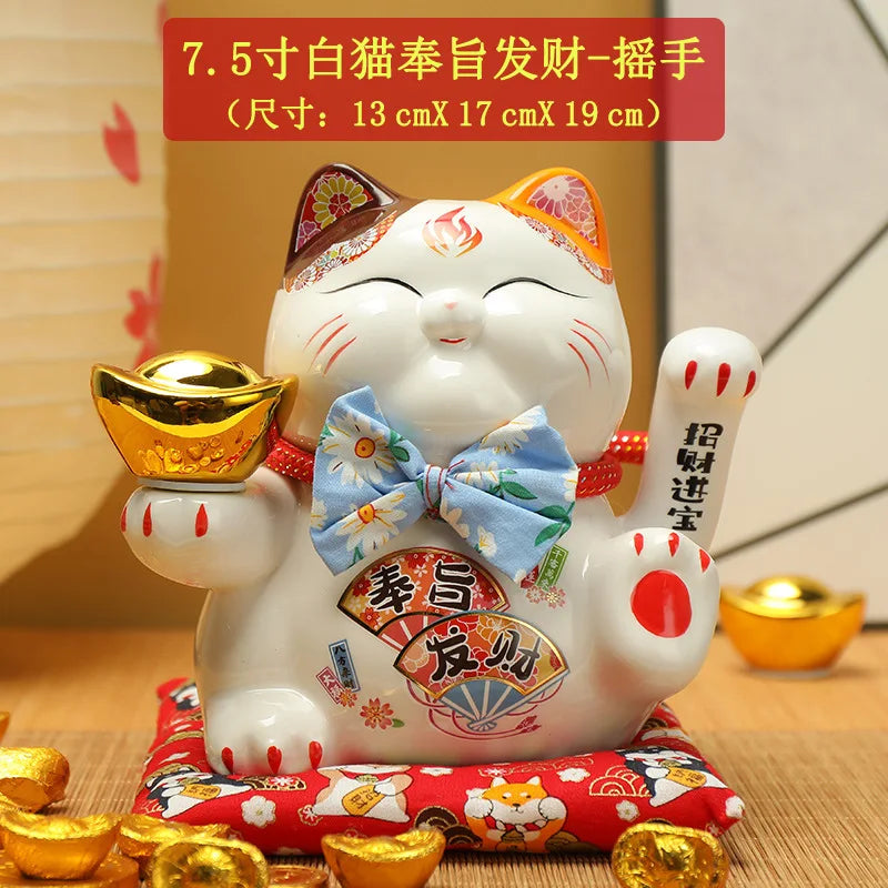 7.5inch Ceramic Beckoning Cat Maneki Neko Ornament Feng Shui Decoration Swing Lucky Cat Cashier Recruitment Cat Desk
