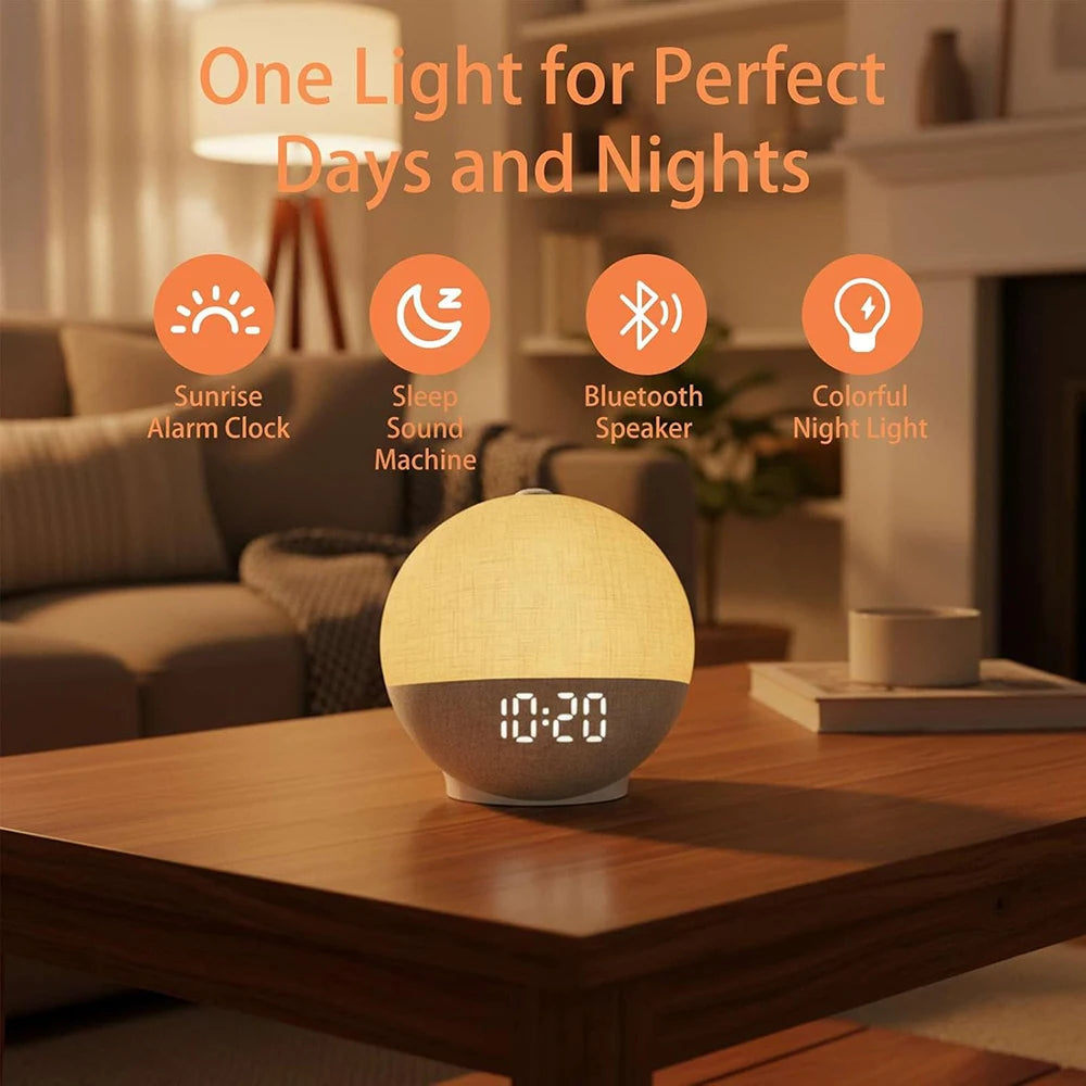 Digital Alarm Clock Wake Up Light White Noise Sound Machine Bluetooth Speaker Night Light Décor Gift for Men/Women