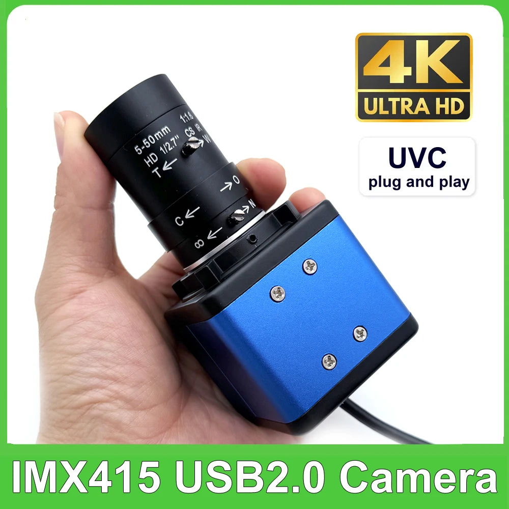 30fps Industrial 4K 8MP CCD IMX415 USB Webcam With 2.8-12mm/5-50mm Manual zoom Lens 2K 4MP UVC OTG PC Video Camera