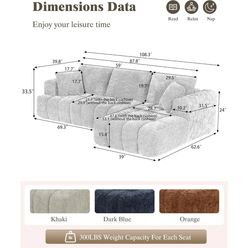 108’’ Boneless Cloud Modular Sectional Couch for Living Room L Shaped Sofa with Chaise | Chenille Fabric Compressed