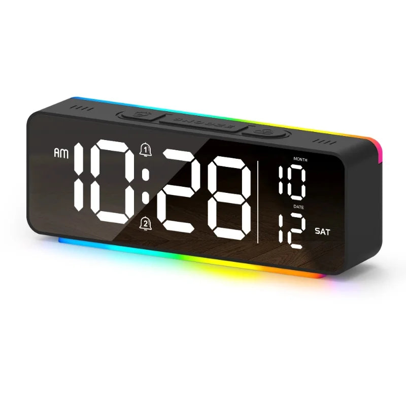 USB Powered Digital Alarm Clock with 11 Colors Mood Light Date Week 2 Alarm 12/24H Night Mode Unlimited Snooze Table