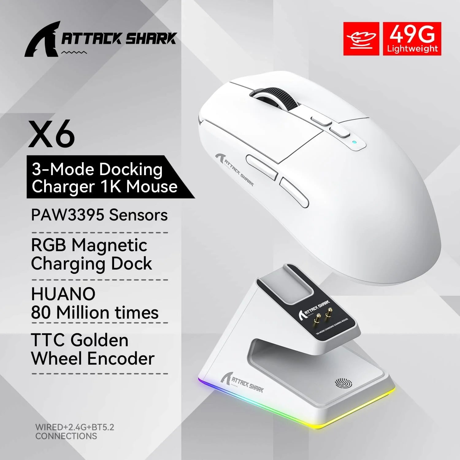 ATTACK SHARK X6 Wireless Gaming Mouse Superlight Mouse with RGB Magnetic Charging Base 2.4G/BT5.2/Wired,PAW3395 Sensor