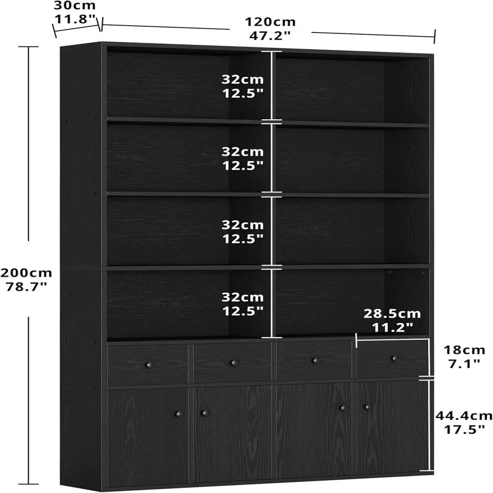 IRONCK 78.7’’ Bookcase with 4 Drawers and 4 Doors 6 Tier Large Bookshelf with Storage Floor Standing Display Storage