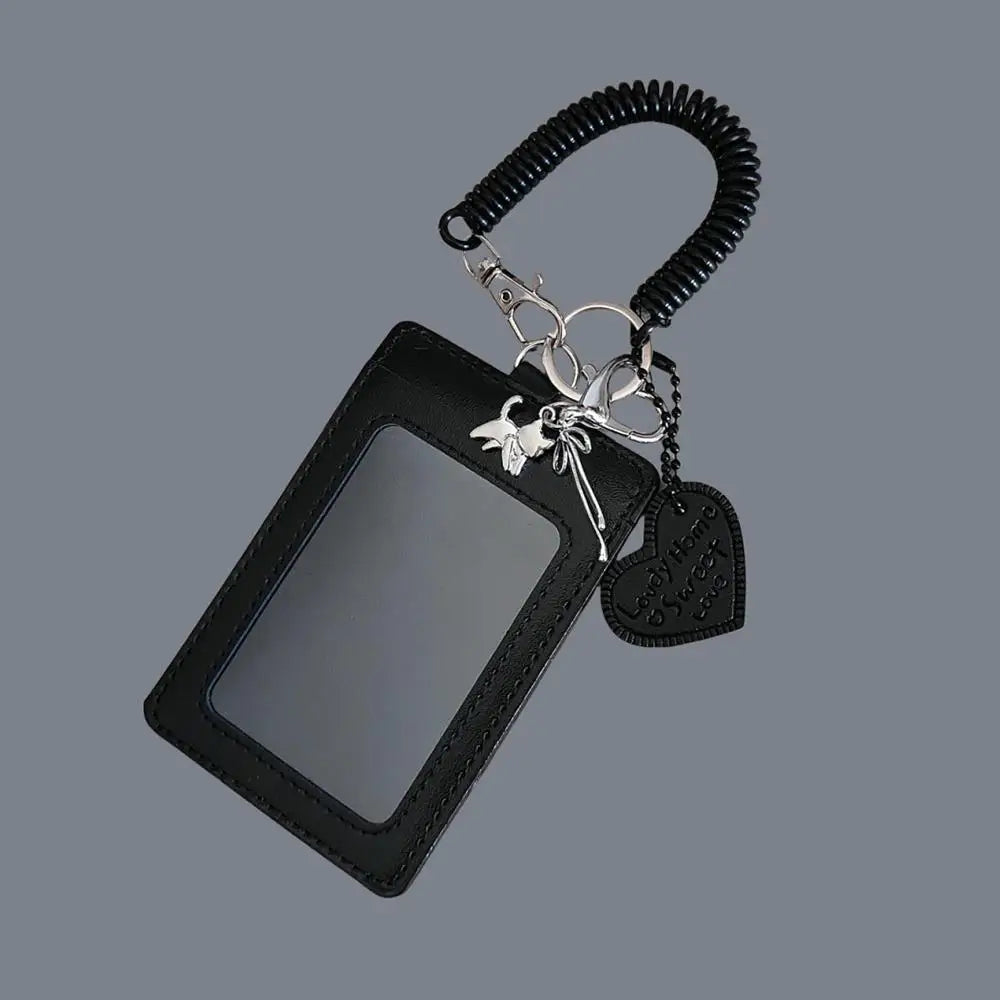 Black PU Leather Silver Cat Bow Pendant Photo Card Holder Student Campus Card ID Card Holder Campus Card Holder