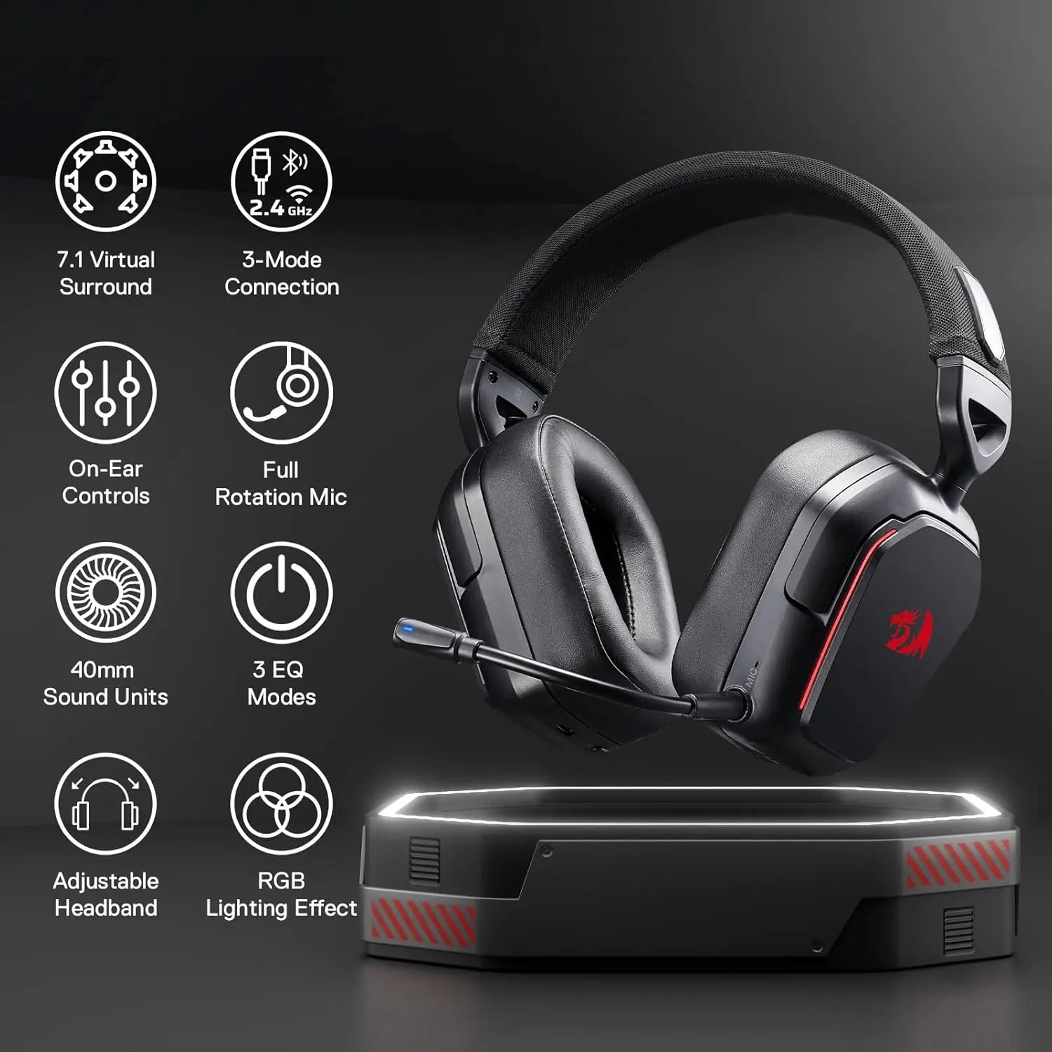 Redragon H868 3-Mode Wireless RGB Gaming Headset 7.1 Surround Sound 40 mm Drivers Noise-canceling Microphone Over-Ear