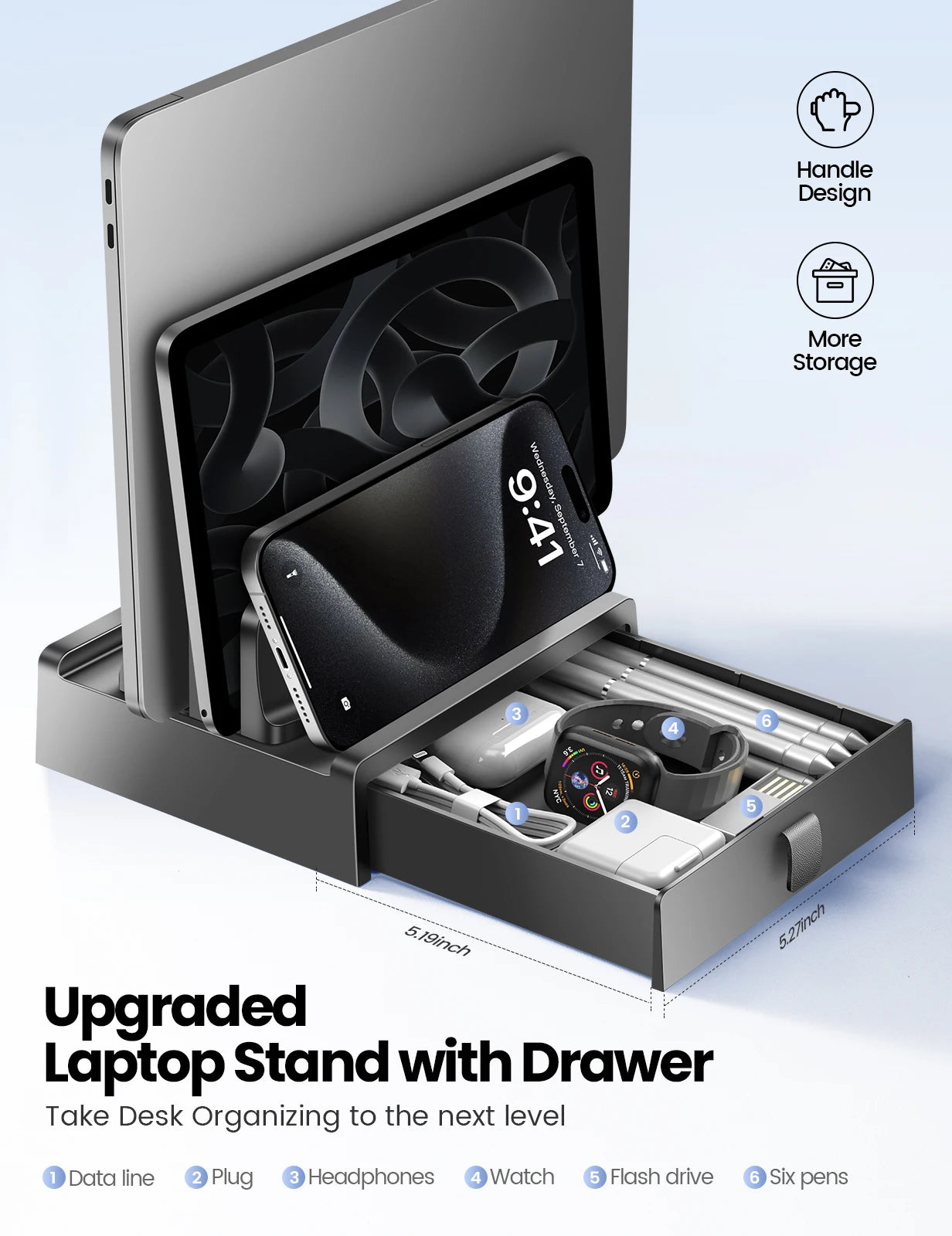 Vaydeer Vertical Laptop Stand with Drawer Dual Slots Plastic Laptop Holder with Space Saving 4-in-1 Design Adjustable