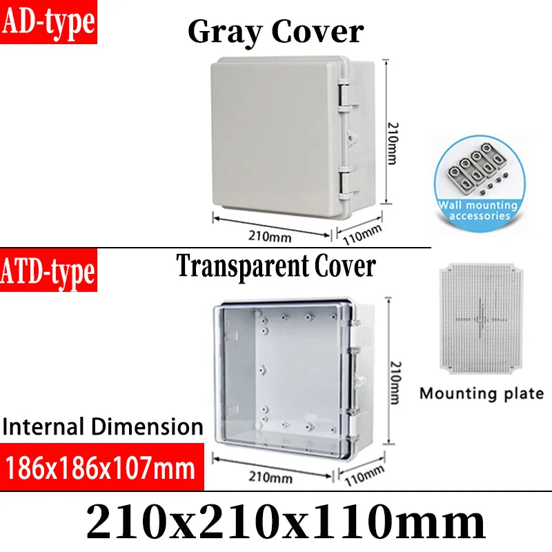 ABS plastic junction box AD type outdoor waterproof junction box - 210x210x110mm / Transparent cover