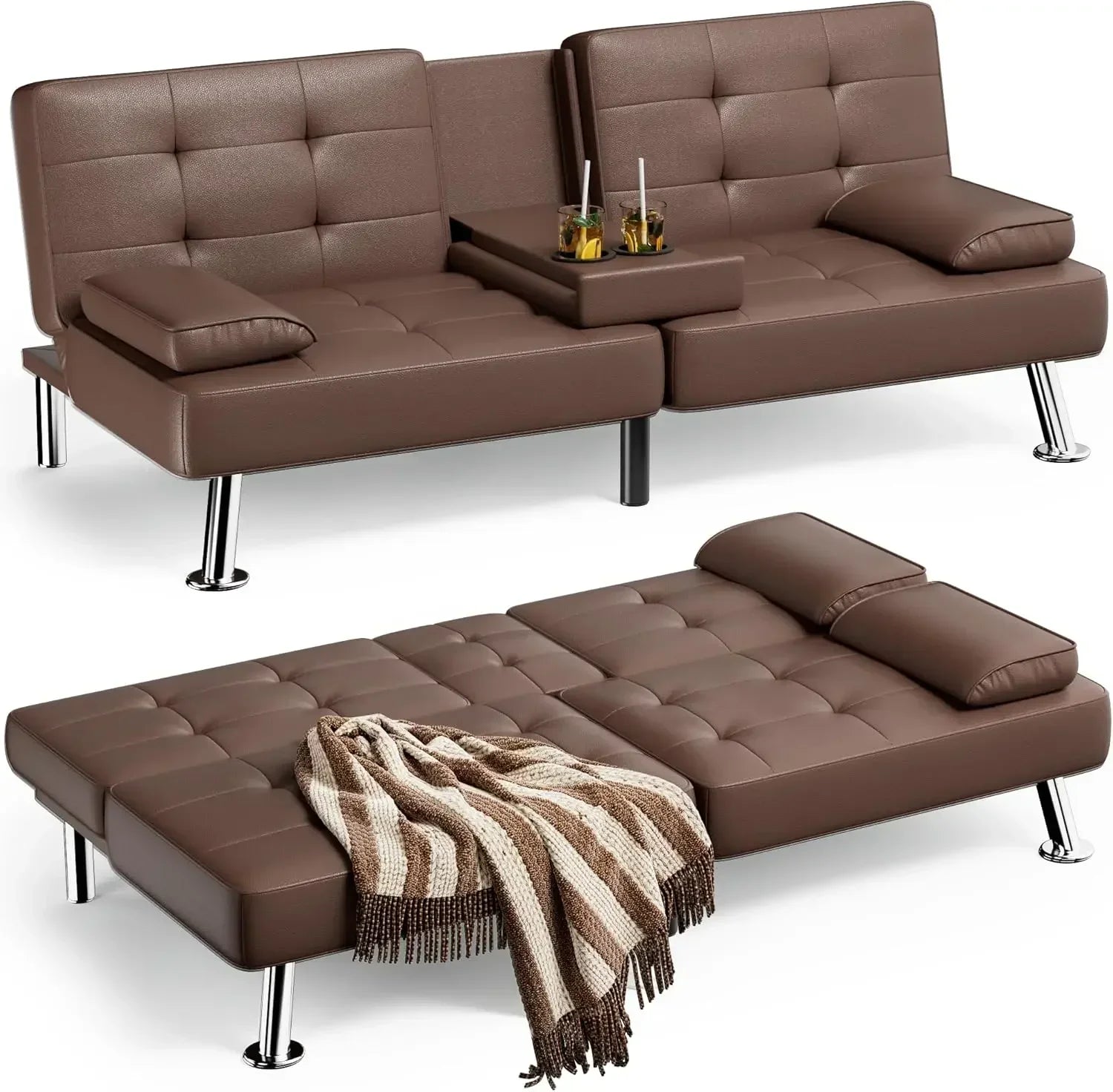 Futon Sofa Bed Leather Futon Couch with Removable Armrests Adjustable Recliner Sleeper Sofa Bed with Dual Cup Holders