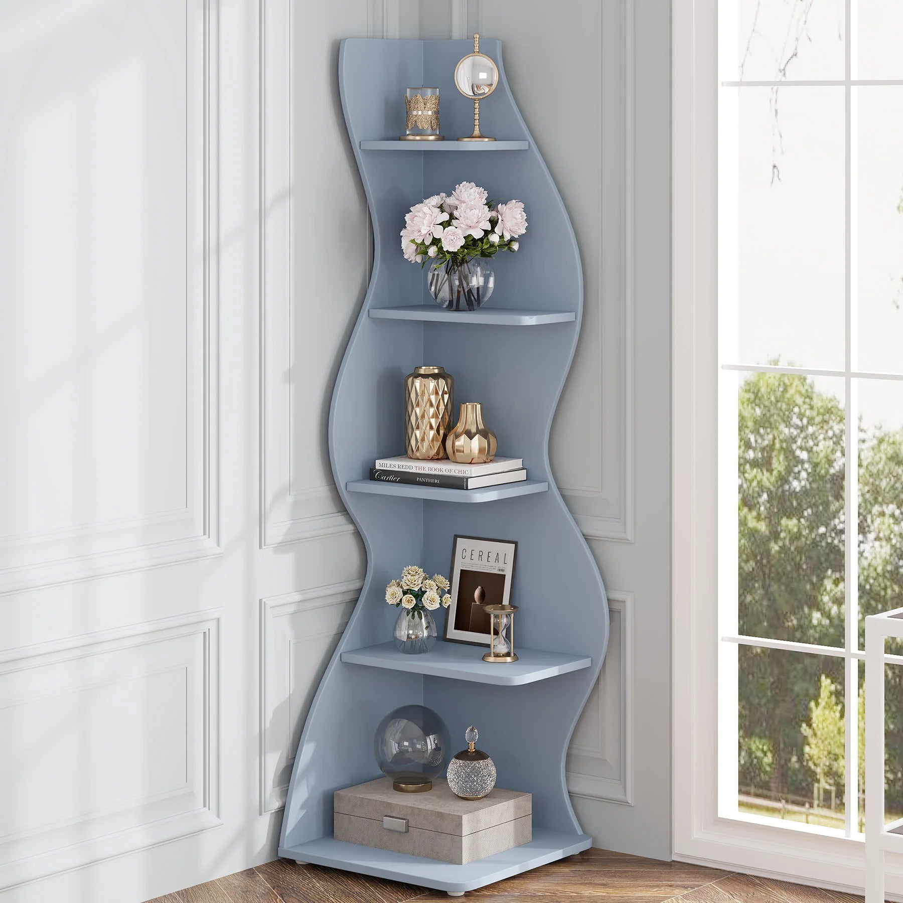 Tribesigns Corner Shelf Modern 5-Tier Wall Corner Bookshelf Stylish Corner Small Bookcase Storage Rack Plant Stand