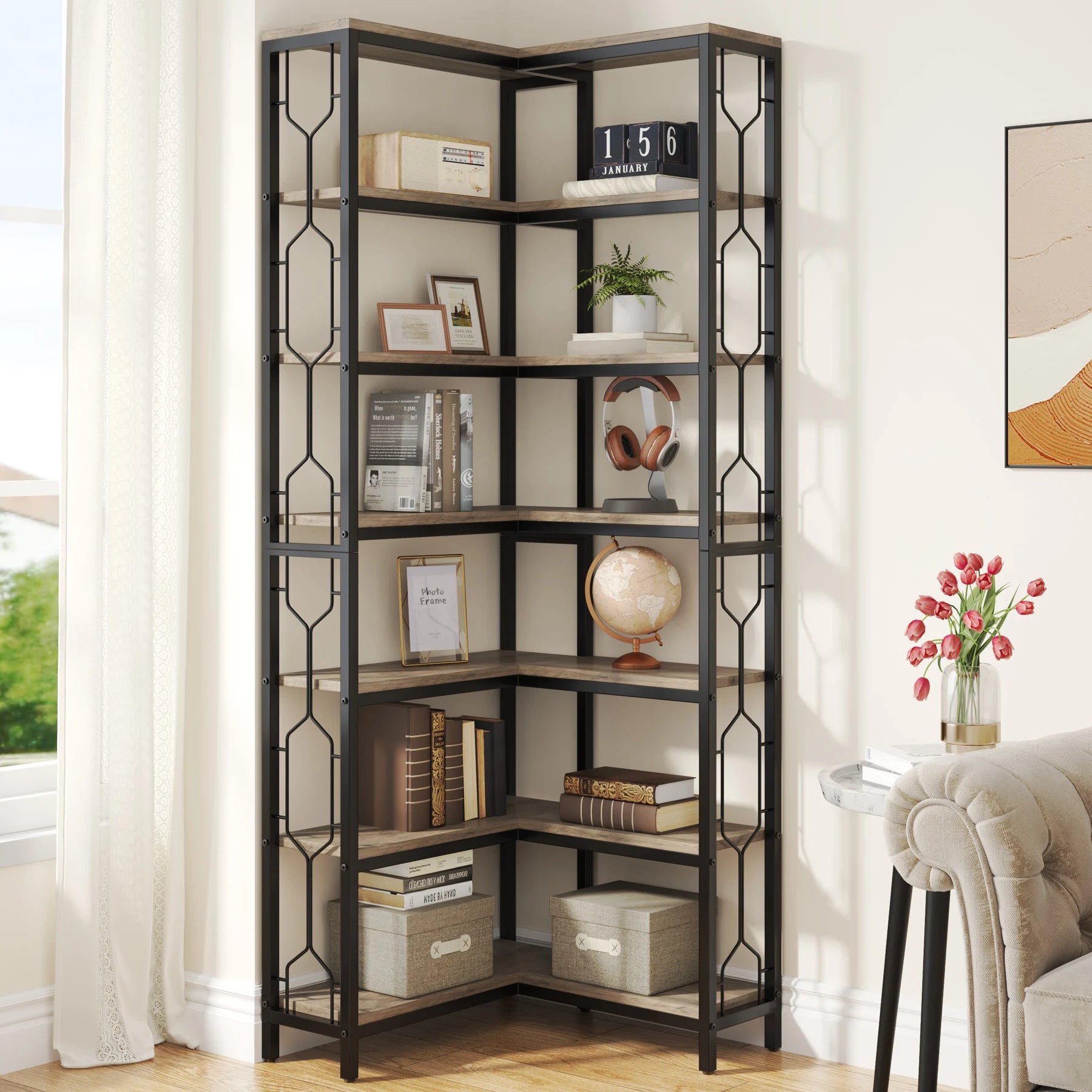 Tribesigns Corner Shelf 7-Tier Industrial Corner Bookshelf Wood and Metal Corner Etagere Bookcase Freestanding Display
