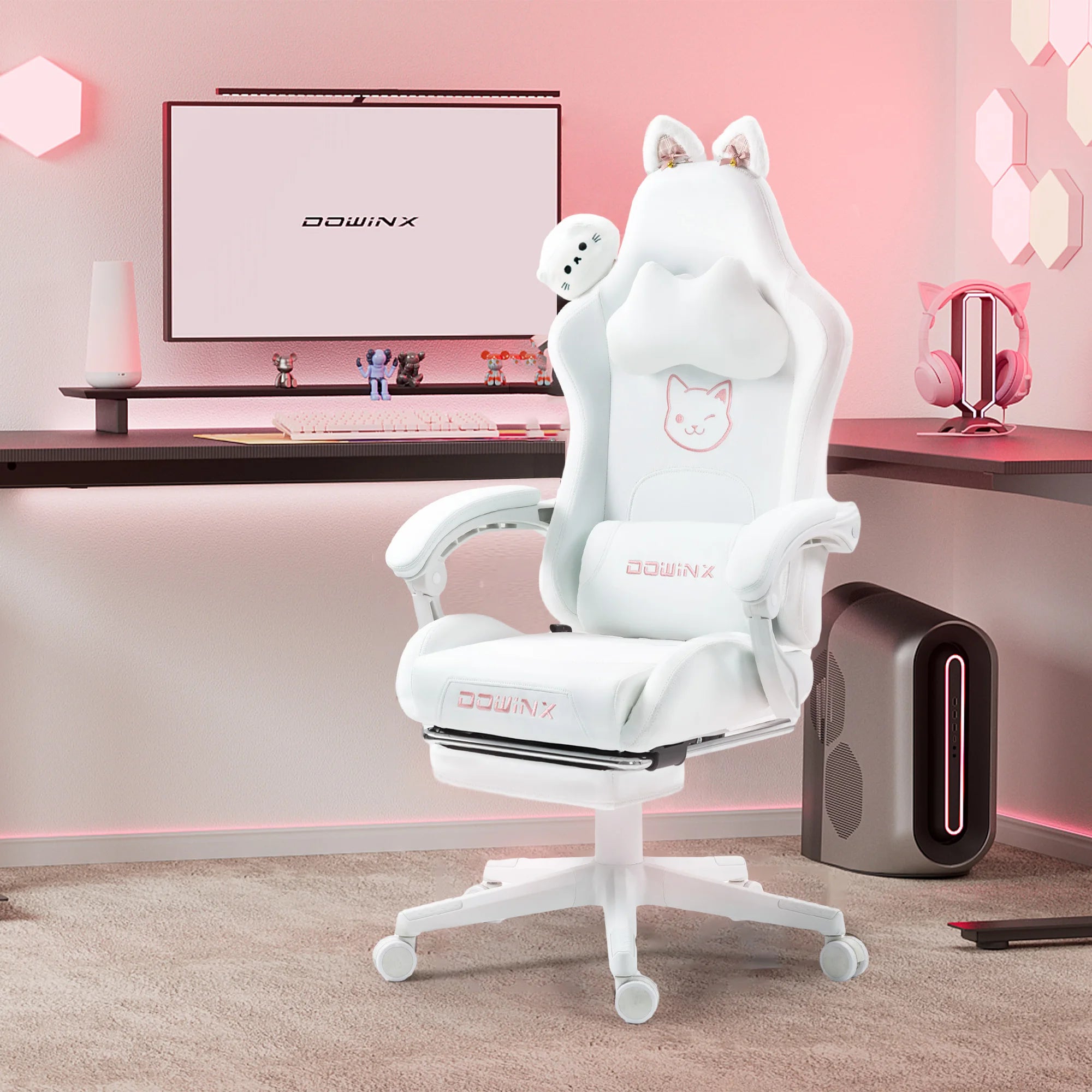 Dowinx Gaming Chair Cute with Cat Ears and Massage Lumbar Support Ergonomic Computer Chair for Girl with Footrest