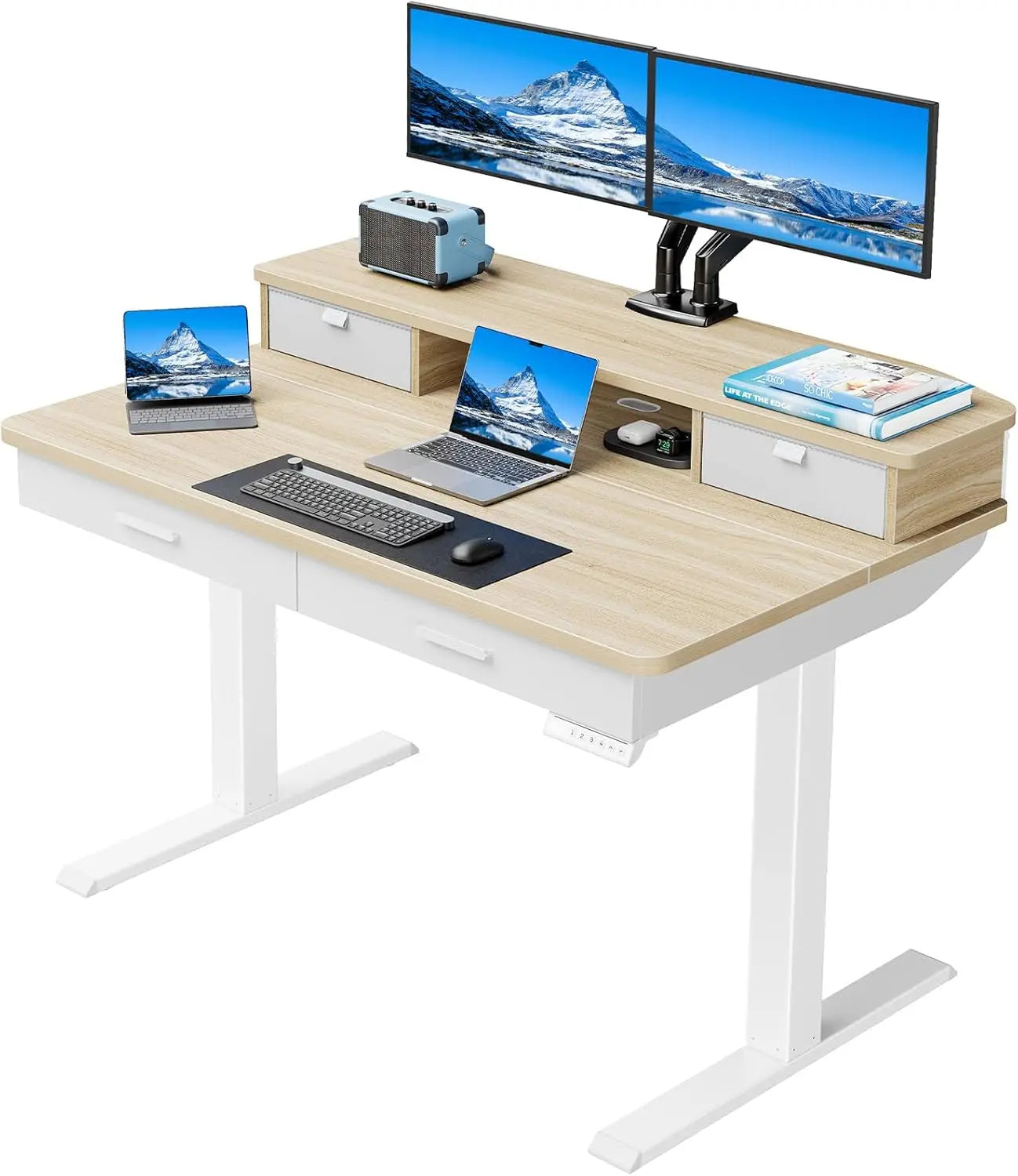 55 x 30 inch Electric Standing Desk with Wood Drawers Adjustable Height Sit Stand Home Office Desk with Two Tiers