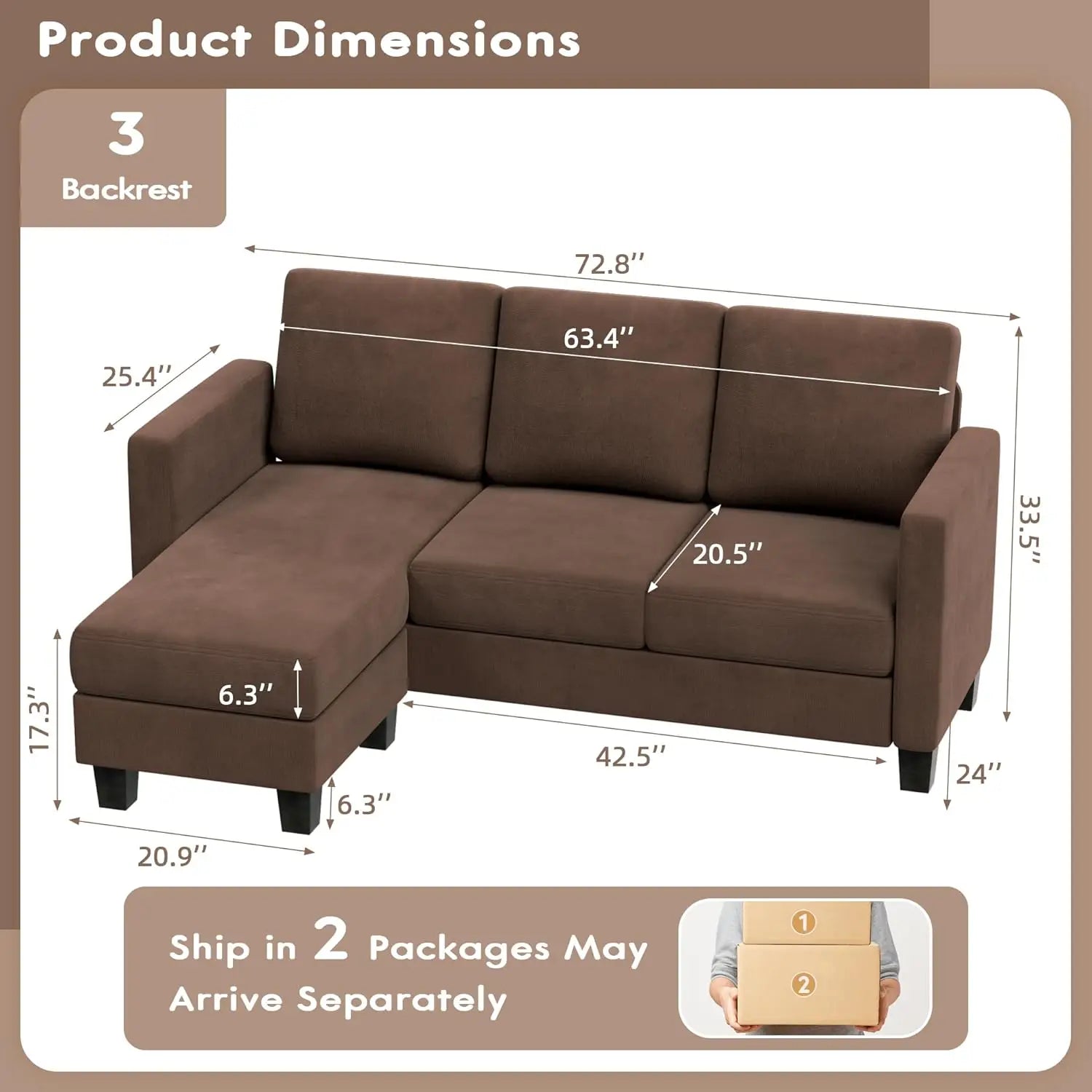 Sofa Couch 3 Seat L-Shaped Sofa with Linen Fabric Ottoman Small Couch for Small Apartments Living Room and Office (Dark