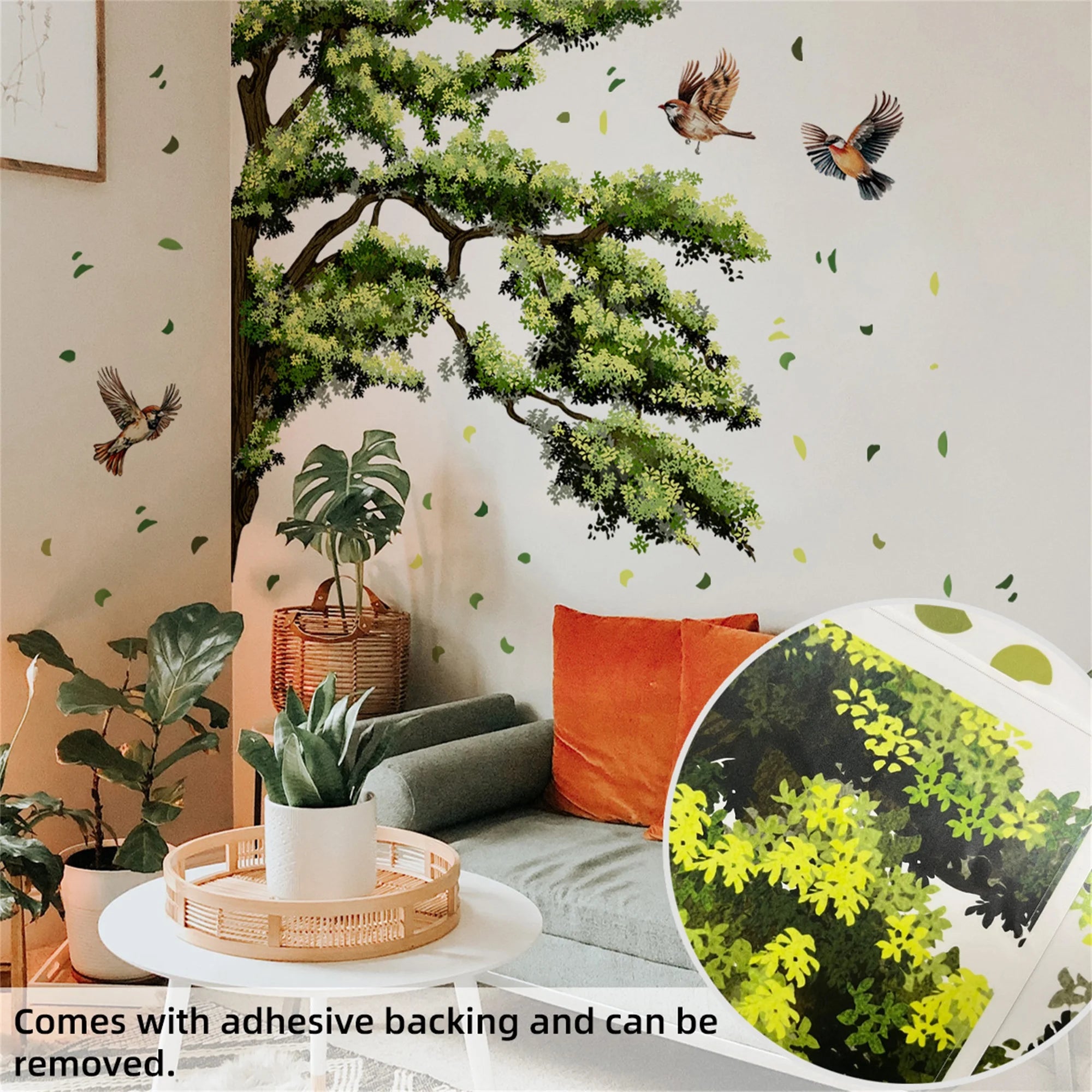 Green Leaves and Birds Wall Decals 3 Piece Set Nature Inspired Wall Sticker for Home Decor Living Room Office