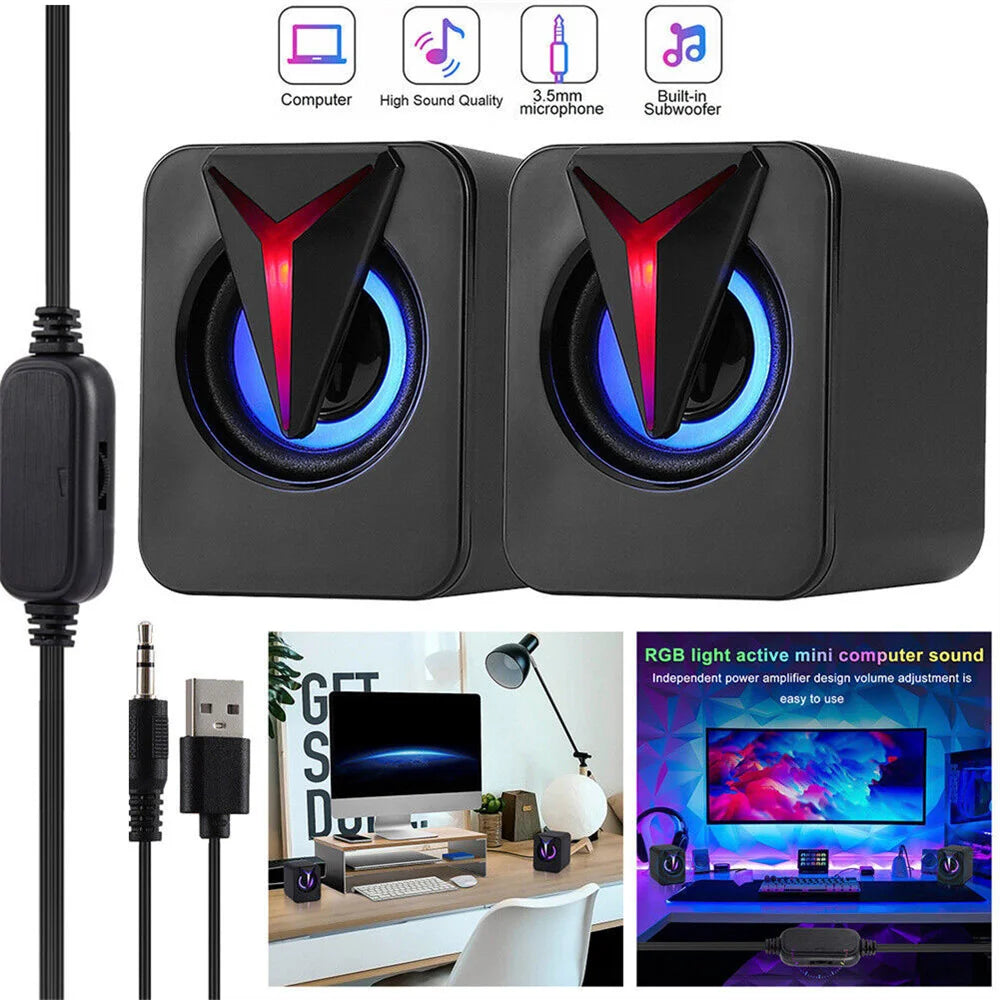 3.5mm Mini USB Wired Computer Speakers RGB LED Stereo Bass For PC Laptop Desktop - United States