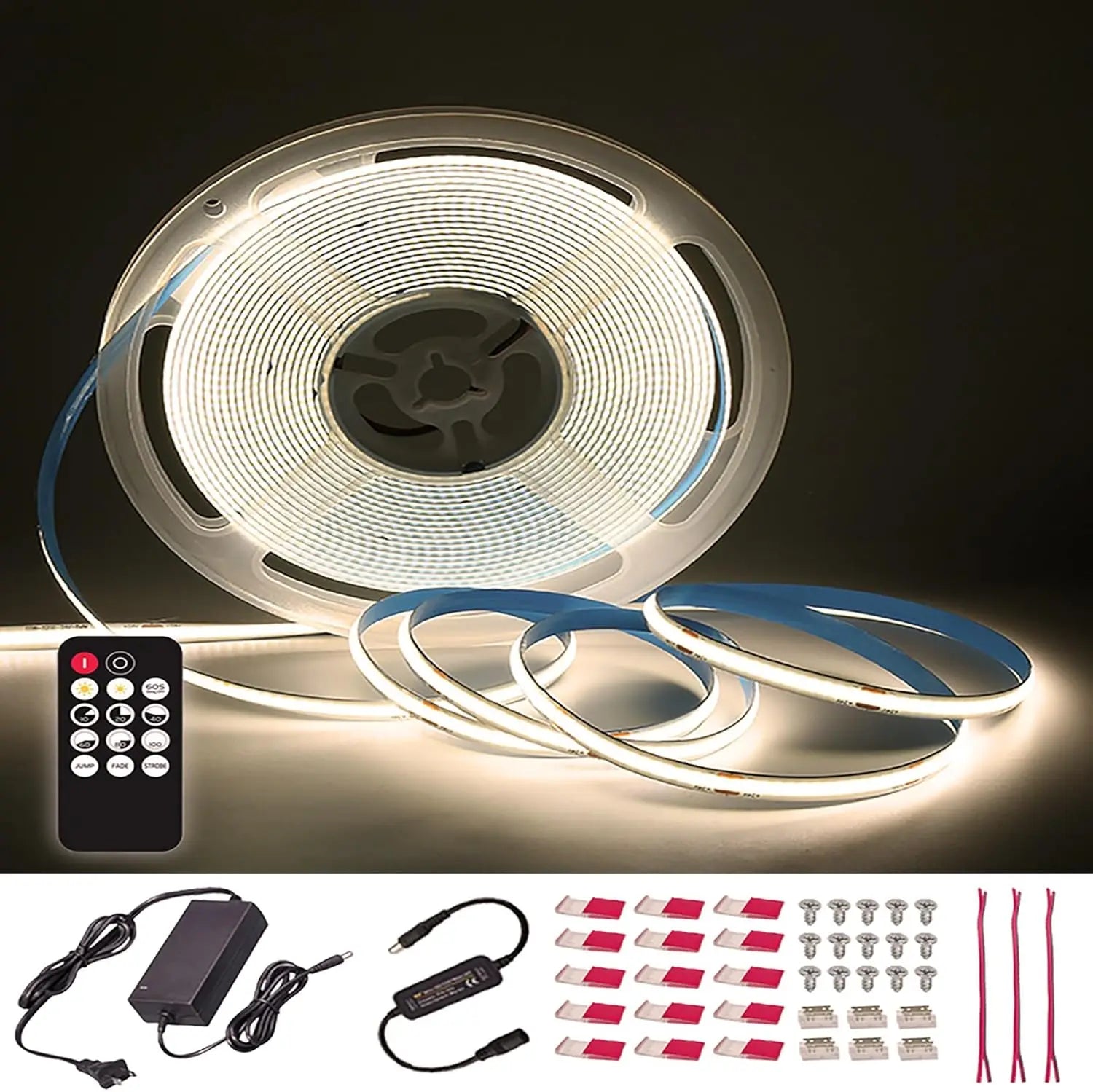 ETL Listed 24V 50ft/15m COB LED Strip Light 3000K/4000K/6500K Dimmable with RF Remote for Bedroom Cabinet(Power Supply