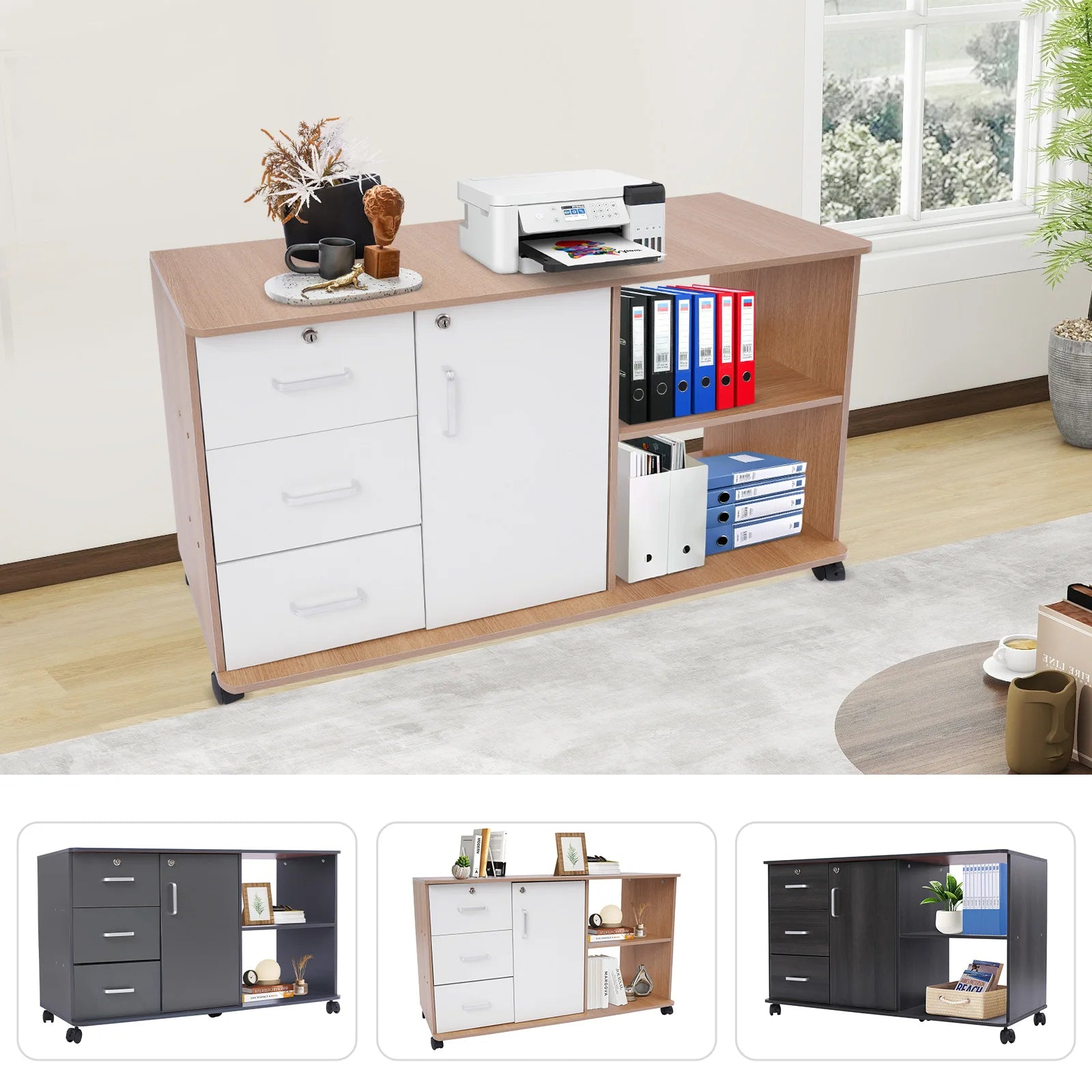 3 Drawers 1 Cabinet 2 Compartments MDF File Cabinet,Black/Wood Color/Gray Rectangular File Cabinets for Home Office