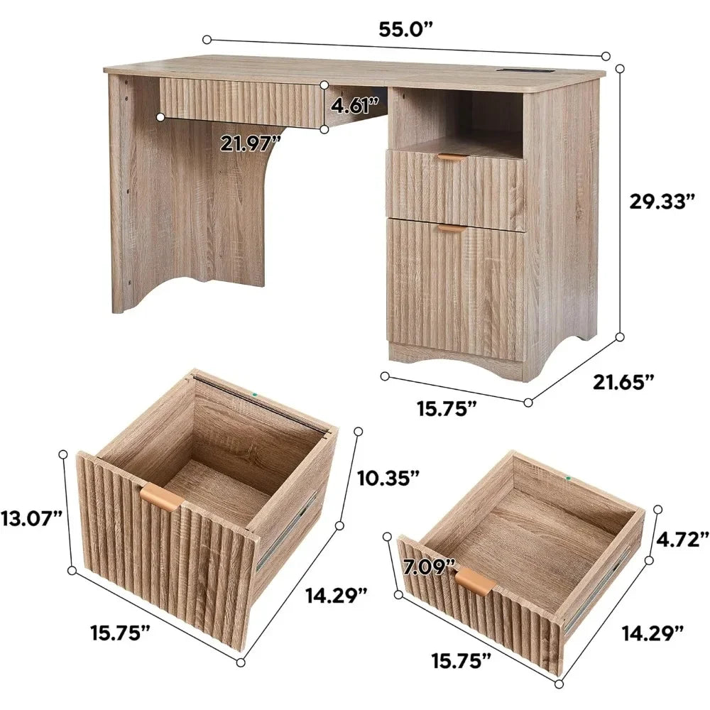 Modern Oak Computer Desk 55 Inch with Keyboard Tray And Power Outlets 2-in-1 Main Drawer with Adjustable File Drawer