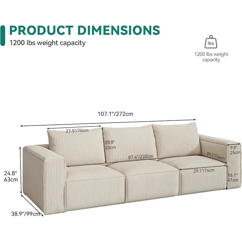 Luxurious 3-Seat Deep Modular Sectional Sofa with Cloud Comfort and 3 Pillows in Corduroy for Living Spaces