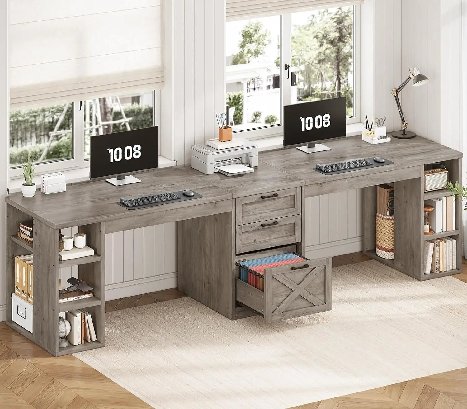 Farmhouse 96.5’’ Computer Desk with Drawers 2 Person Home Office Desk Gaming Double Desk with Storage Shelves Long Two