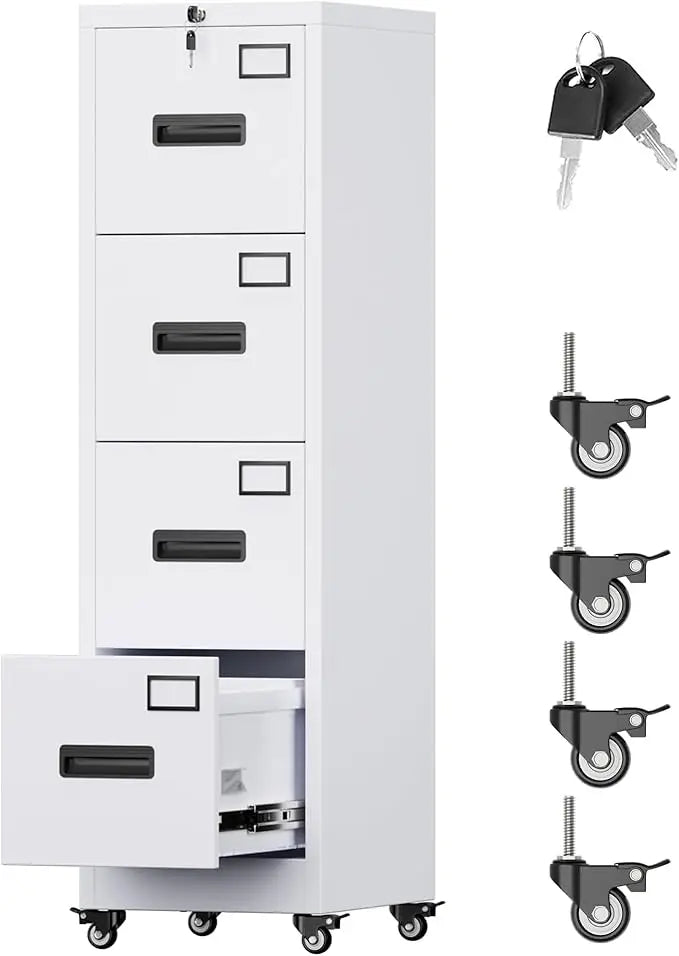 File Cabinet 4 Drawer with Wheels Lockable Office Metal Filing Cabinet with Name Card Mobile Storage Cabinet w/Smooth