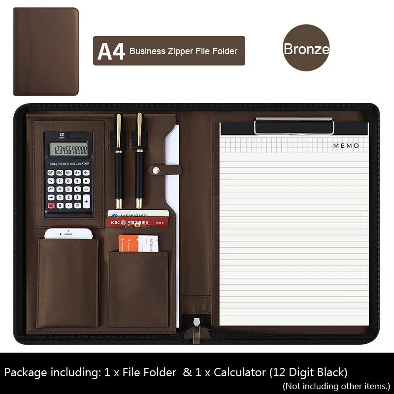 Multifunctional A4 Leather Conference Portfolio Folder for Document Organizer Zippered Man Executive Folder Briefcase