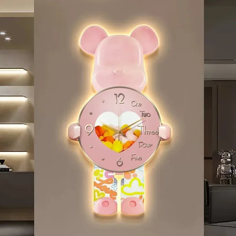 Aesthetic Bear Wall Clock LED Lamp Unique Bear Silent Watch Sconce Luxury Porch Livingroom Decoration Interior Light