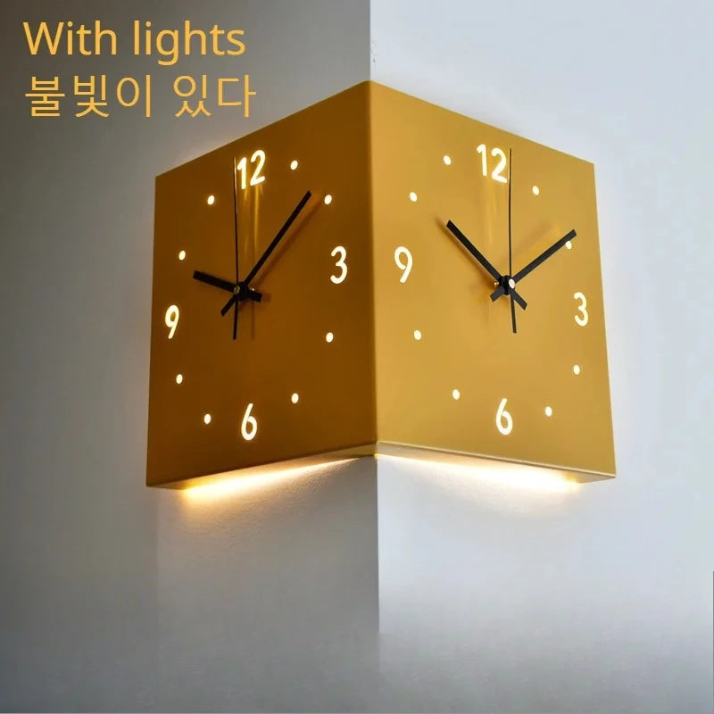 Creative Light Sensor Corner Wall Clock Square Simple Double Sided Wall Clock with Arabic Numeral Scale Analog Silent